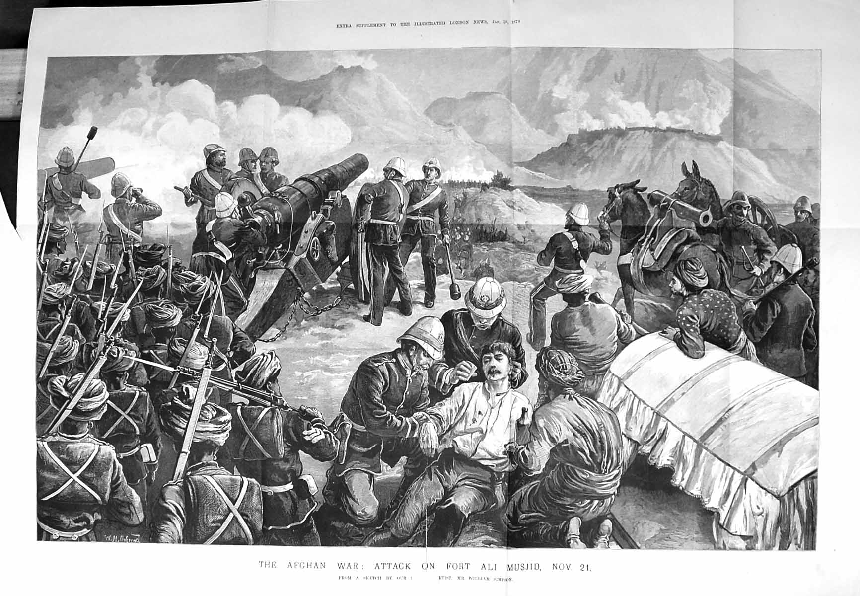 Antique Old Print Large Rare 1879 Afghan War Attack Fort Ali Musjid Simpson