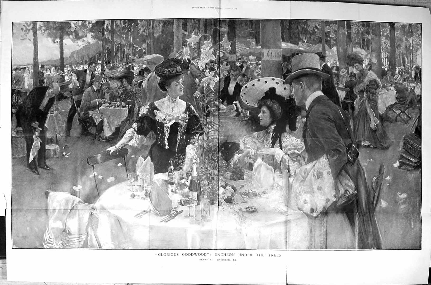 Antique Print Large Rare 1905 Goodwood Horse Race Luncheon Trees Heatherell