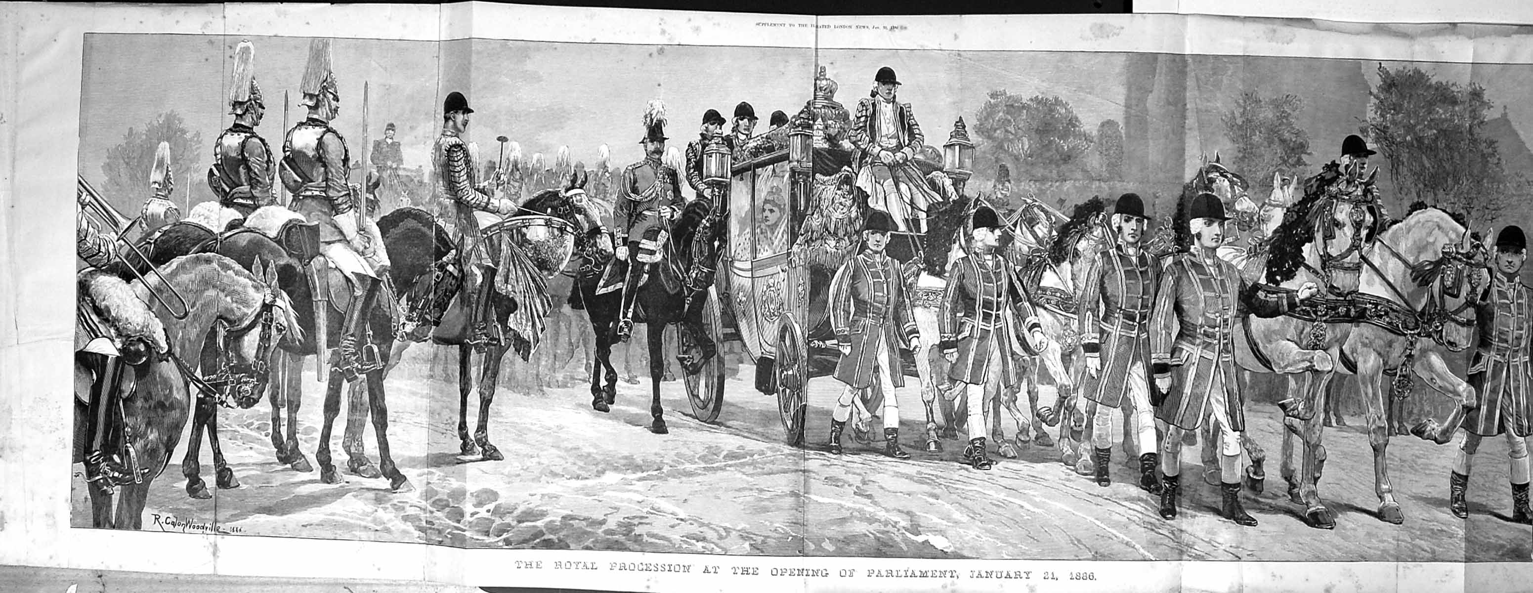Antique Old Print Large Rare Damaged 1886 Royal Procession Parliament London