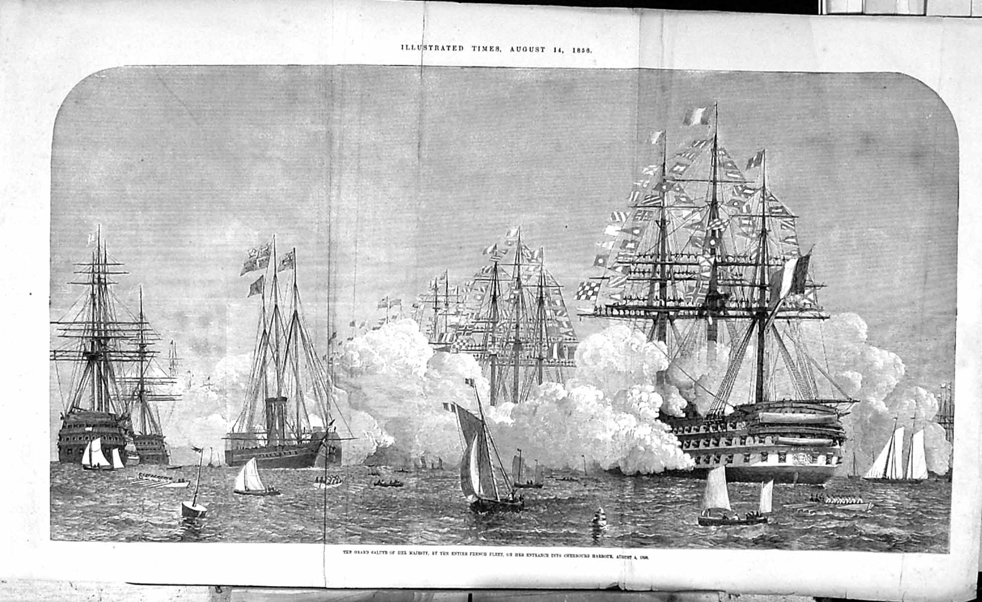 Antique Old Print Large Rare 1858 Queen England French Ships Salute Cherbourg
