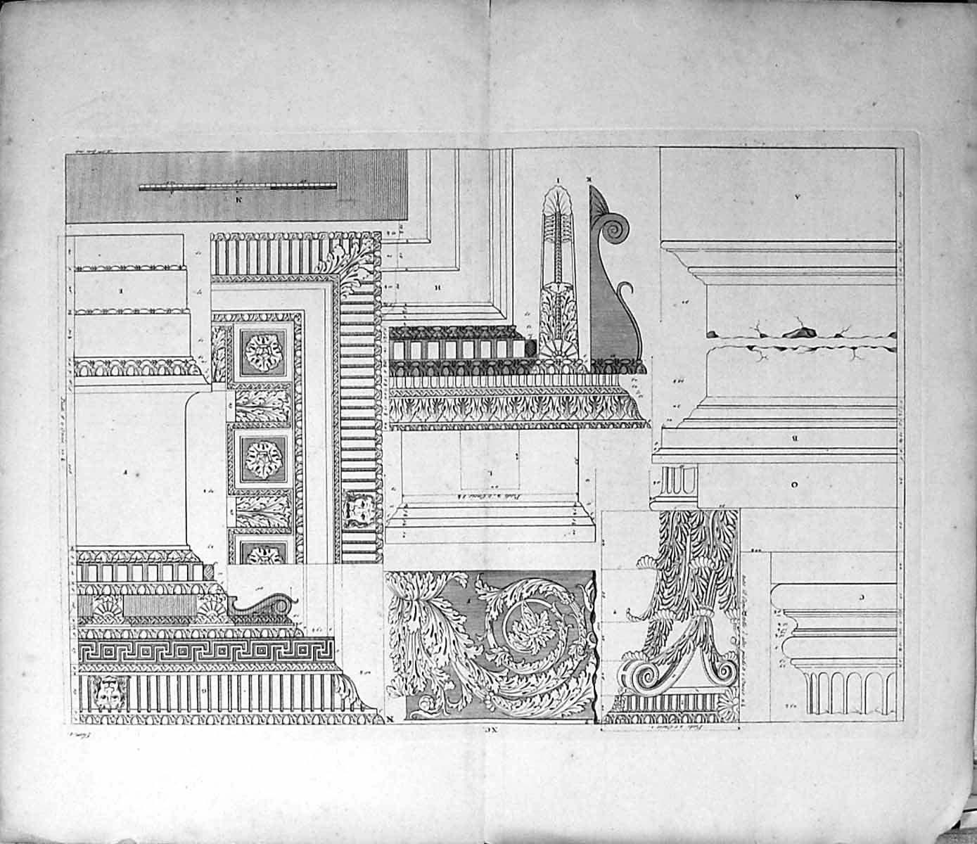 Original Old Antique Print Large Rare Architecture Designs Decorating Figures