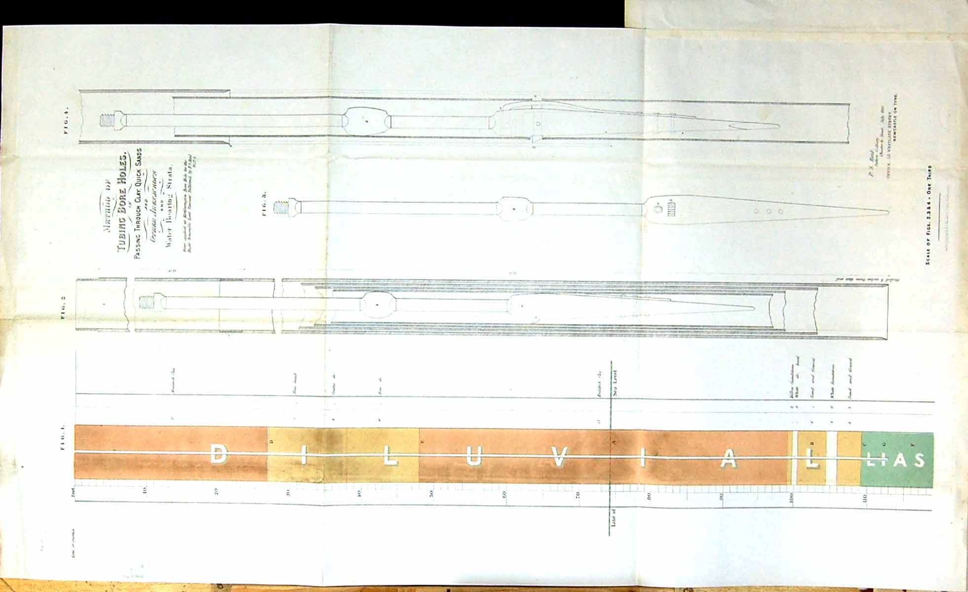 Antique Print Large Rare Diagrams Method Tubing Bore Holes Clay Quick Sands