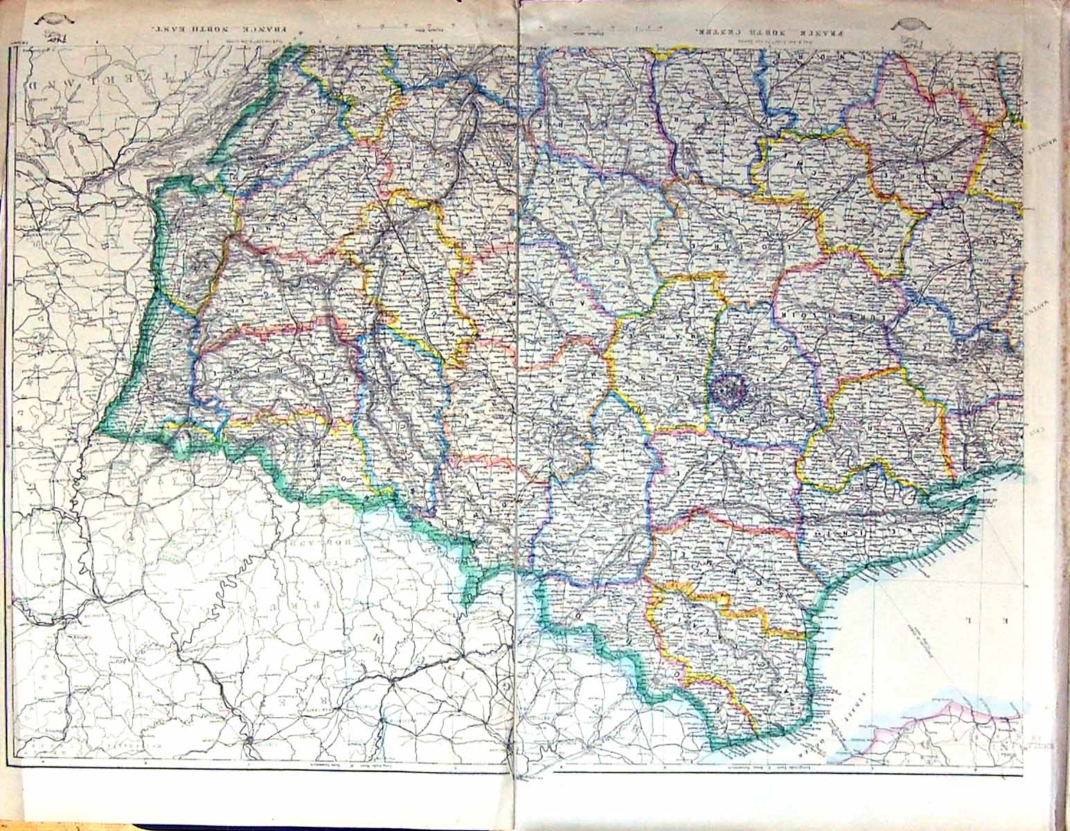 Original Old Antique Print Large Rare Colour Map France Channel Islands Paris