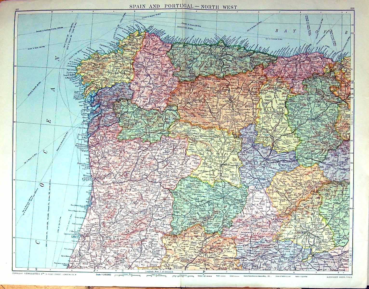 Antique Old Print Large Rare Map North West Spain Portugal Madrid Oporto Vigo