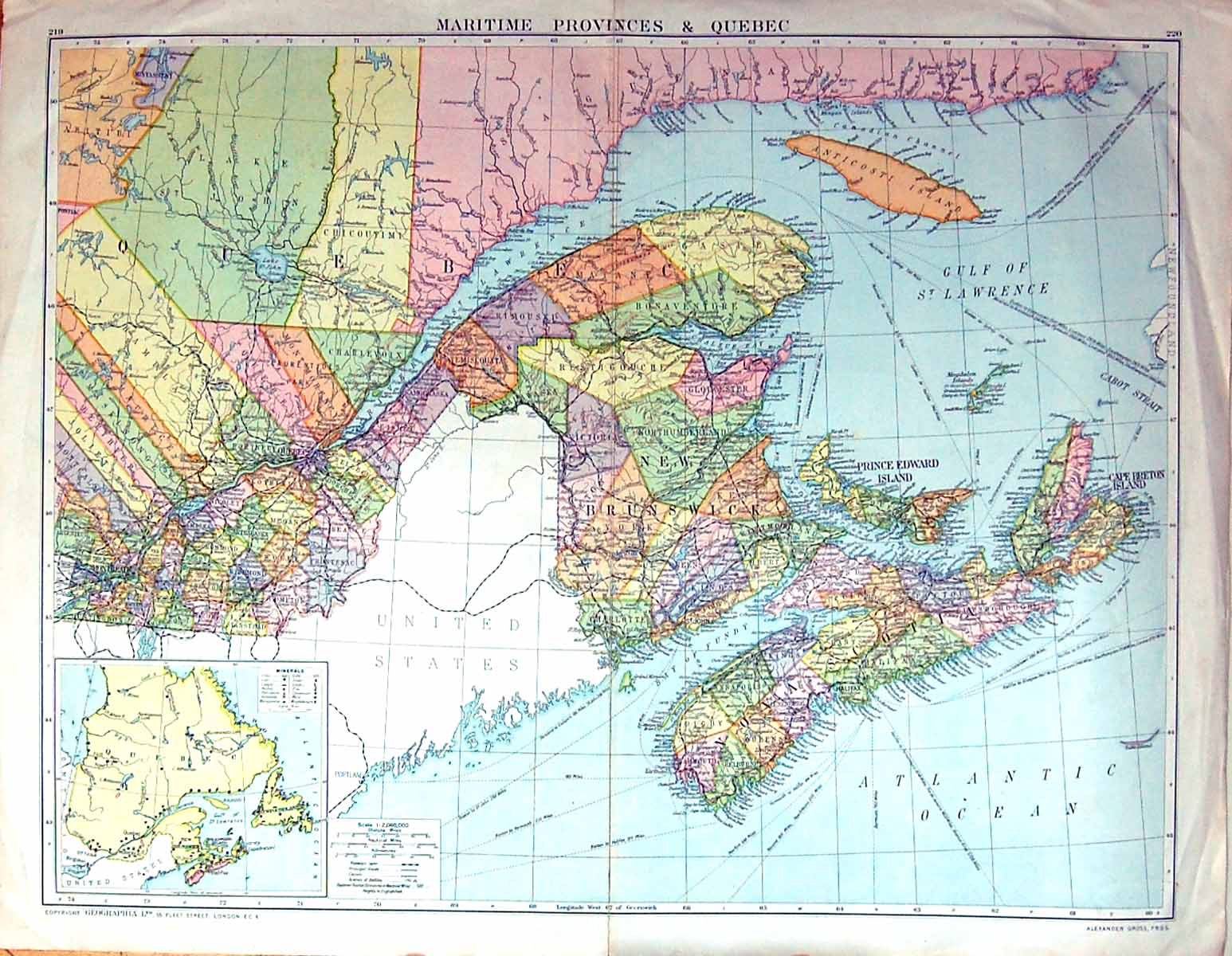 Old Large Rare Map Maritime Provinces Quebec Canada Brunswick Scotia