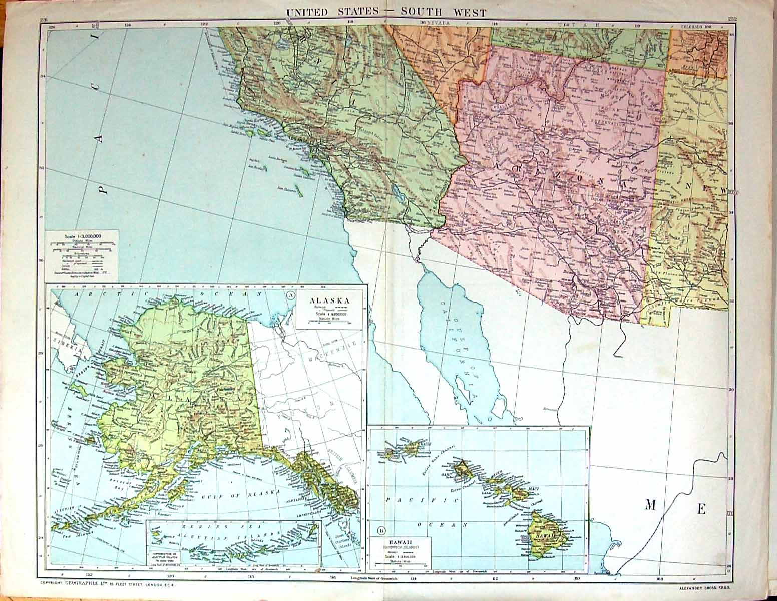 Old Large Rare Map South West America Hawaii Alaska Aleutian Arizona