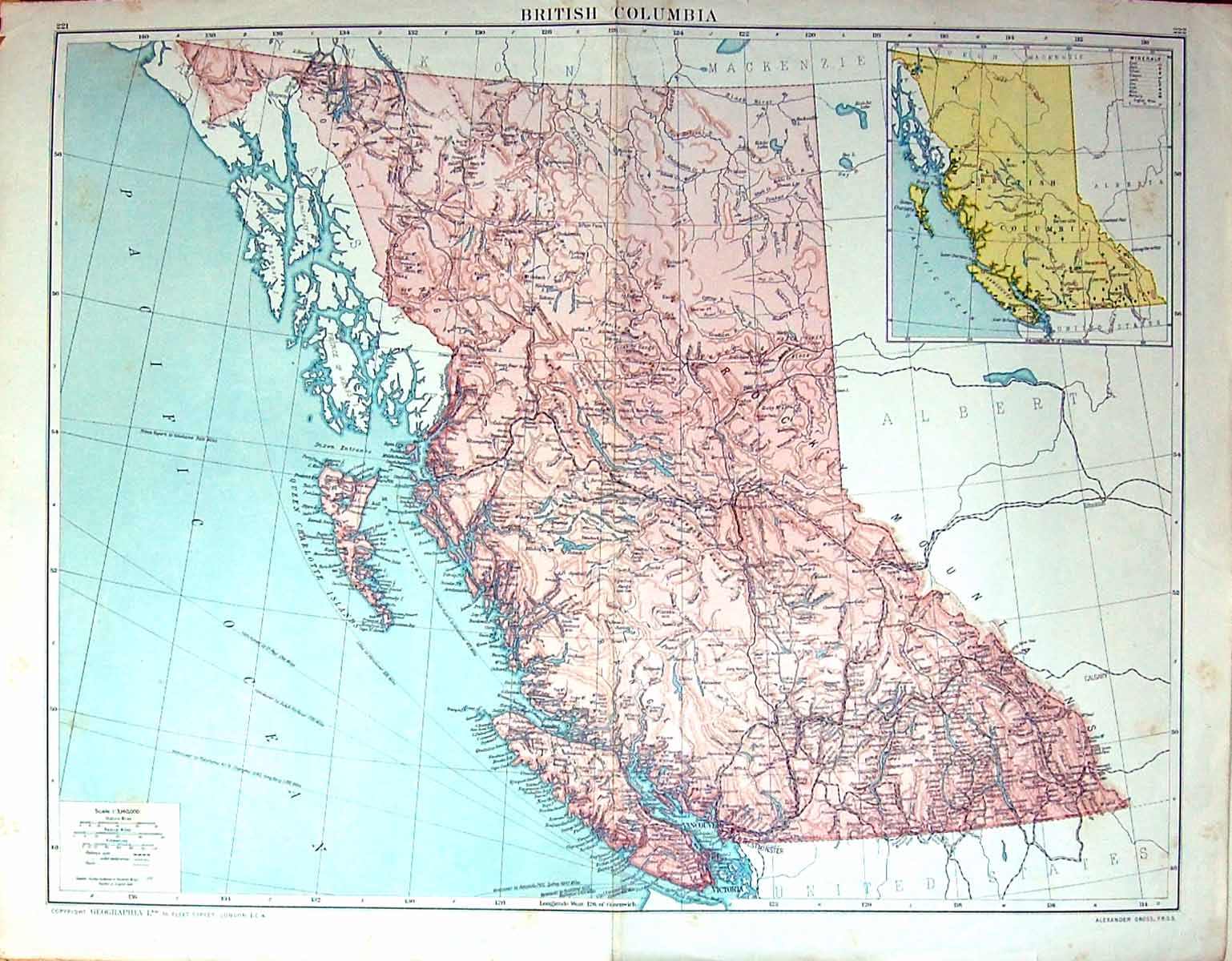 Old Large Rare Map British Columbia Queen Charlotte Island Vancouver