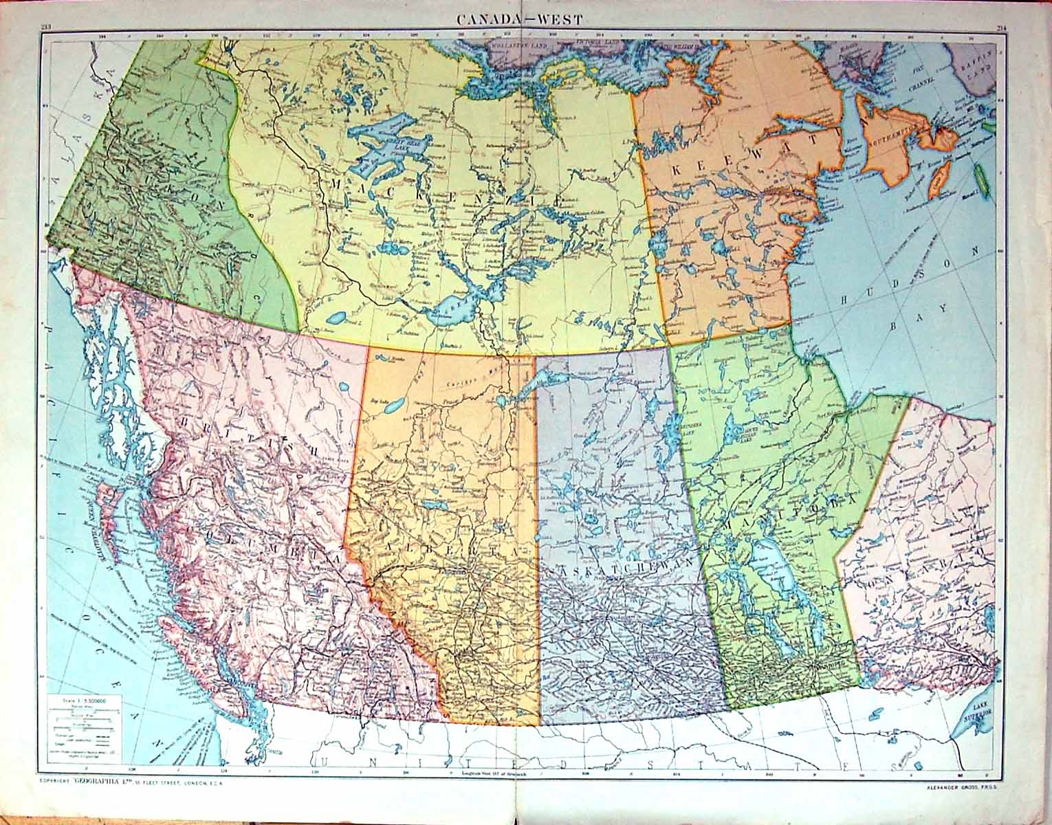 Old Print Large Rare Map West Canada Alberta Mackenzie Manitoba Columbia
