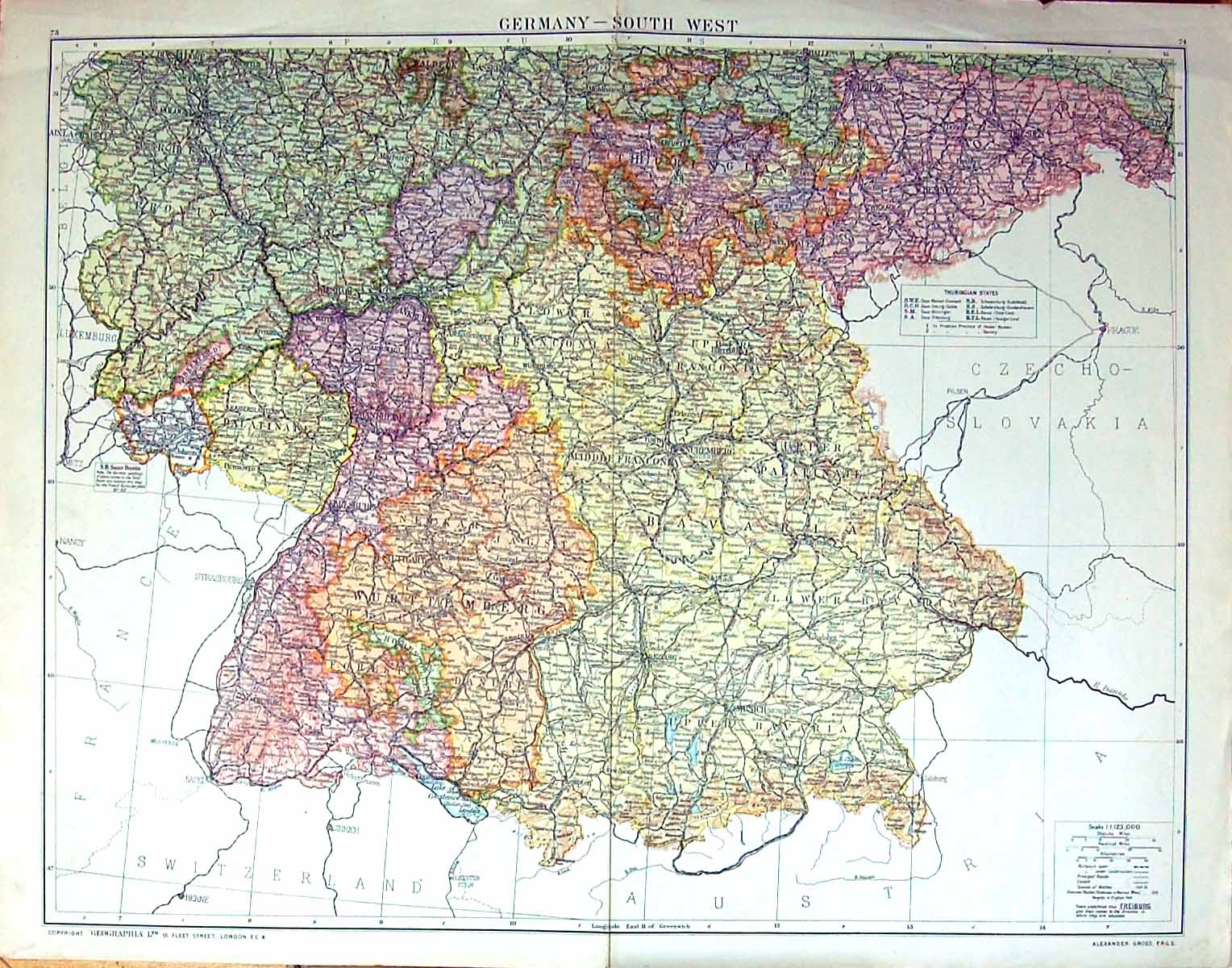 Antique Old Print Large Rare Map South West Germany Wurzburg Munich Frankfurt