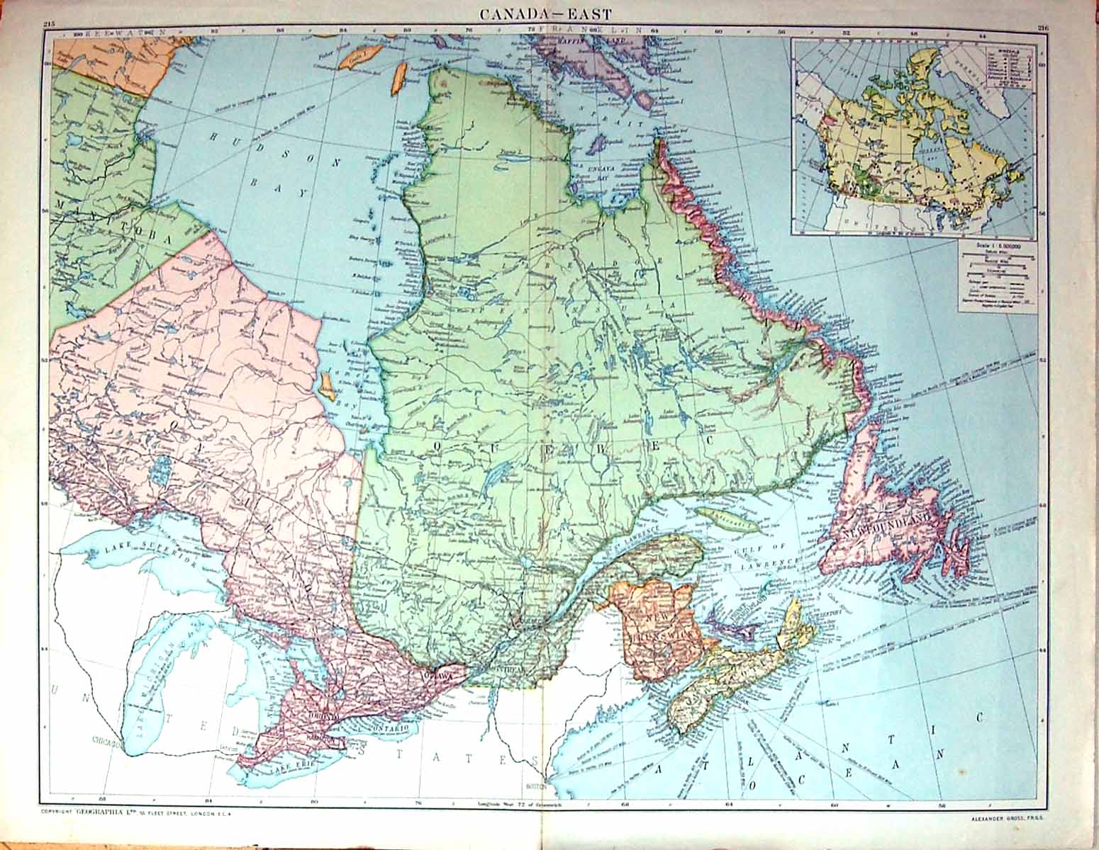 Antique Print Large Rare Map East Canada Newfoundland Ottawa Quebec Ontario