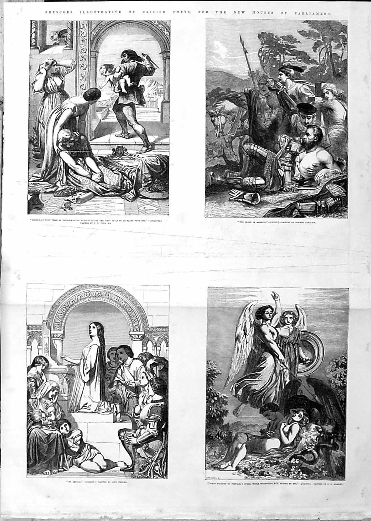 Old Large Rare Frescoes British Poets Parliament Dryden Milton Scott