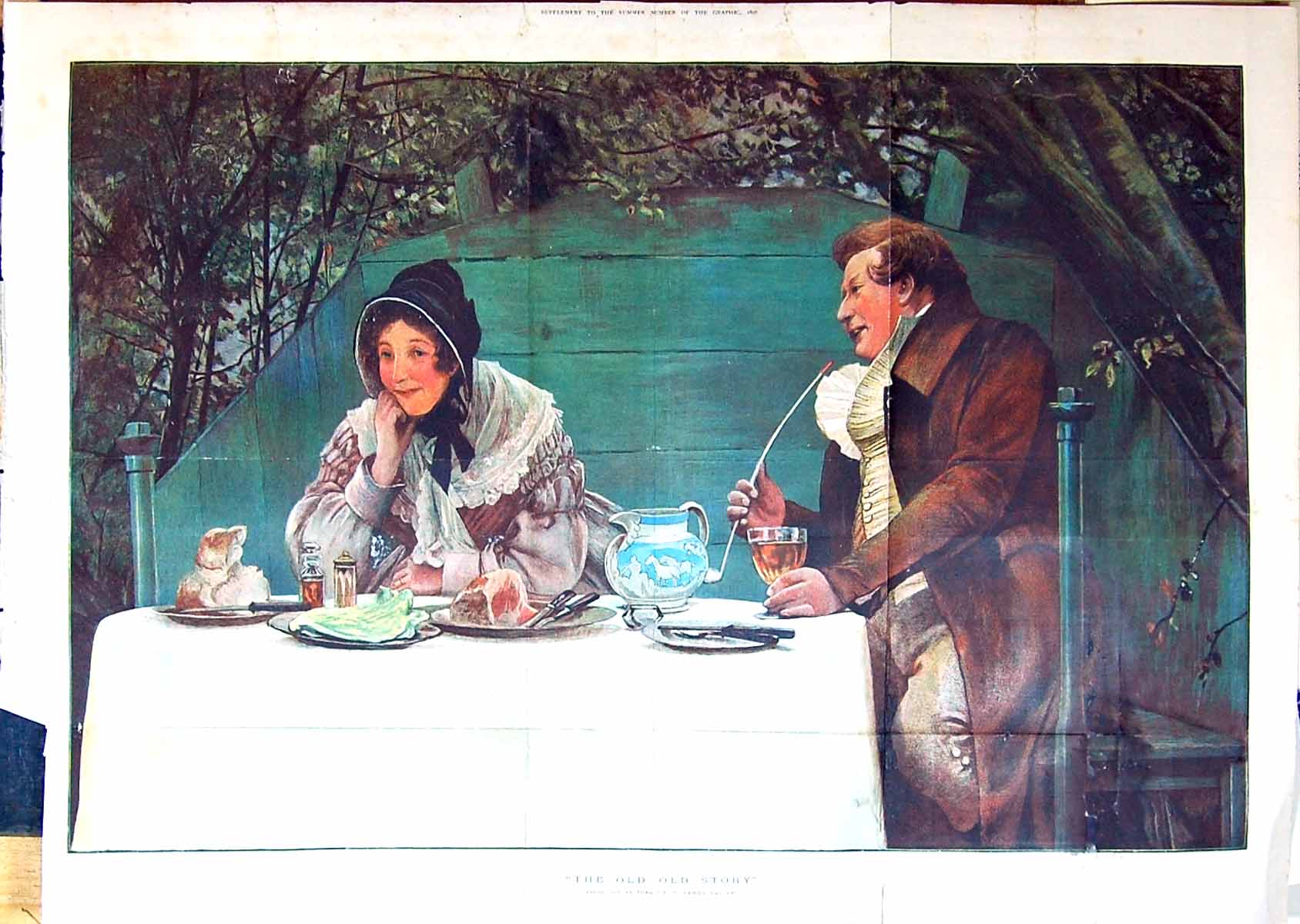 Original Old Antique Print Large Rare 1897 Story Man Lady Tea-Time Romance 19th