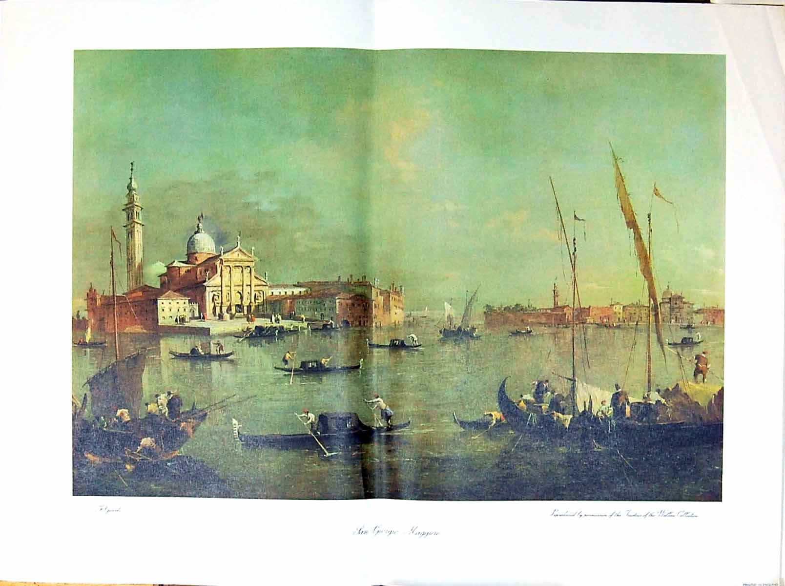 Old Print Large View San Giorgio Maggiore Italy Canal Boats Architecture
