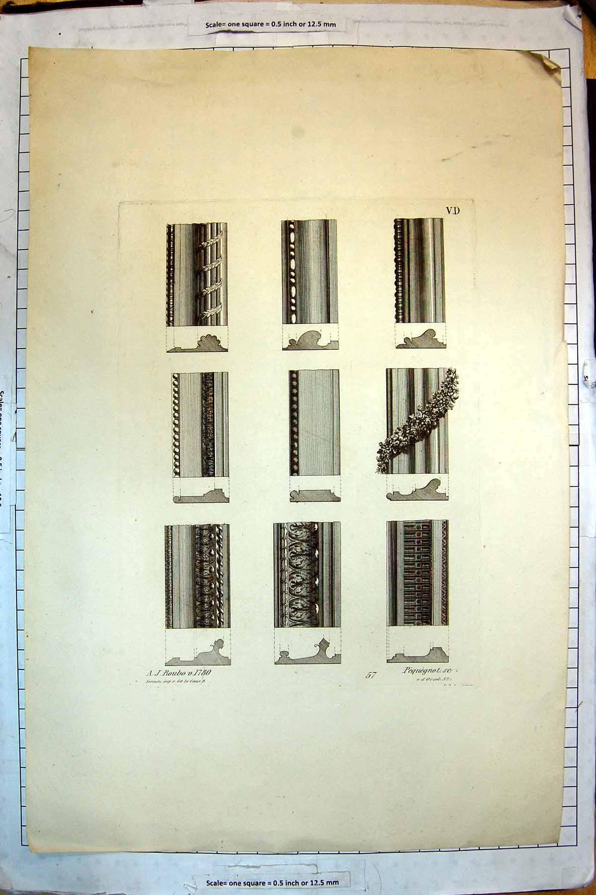 Original Old Antique Print Decoration Paterns Shapes Columns