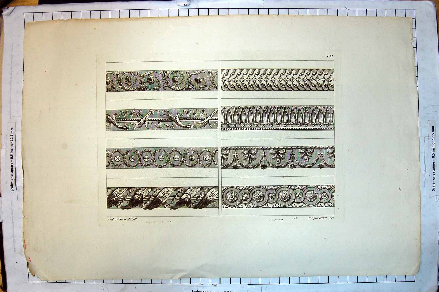 Original Old Antique Print Decoration Patern Lalonde 1790 18th Century
