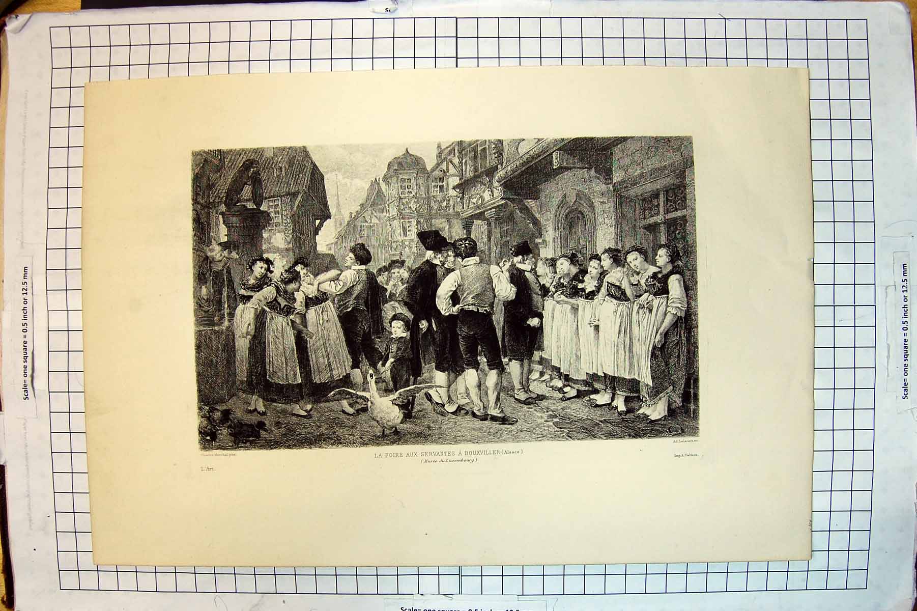 Antique Old Print Street Scene La Foire Servantes Bouxviller Water Fountain