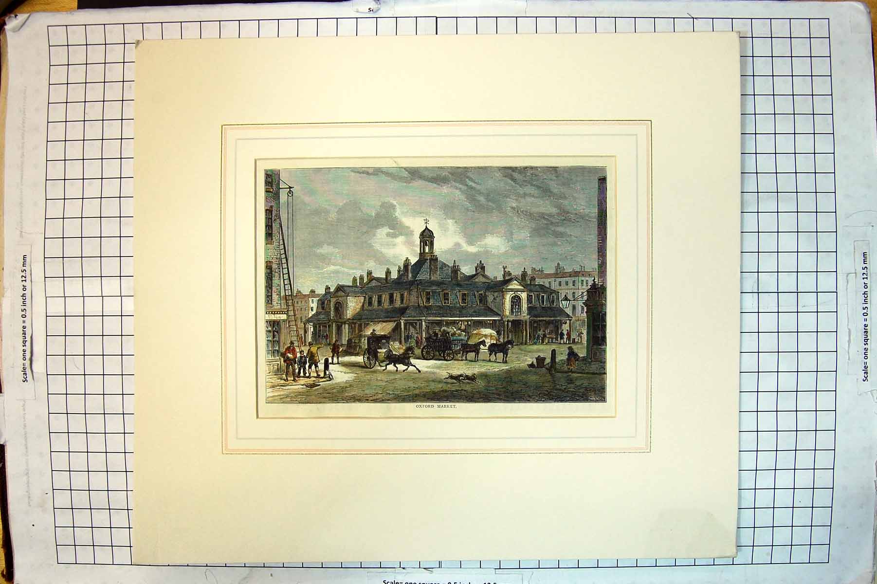 Old Antique Print Colour Street Scene Horses Coach Buildings Architecture