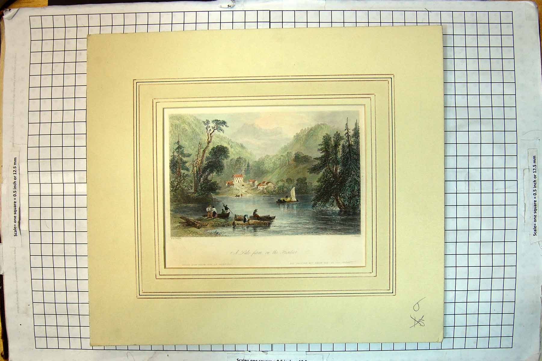 Old Antique Print Lake Farm Frontier Mountains Houses Boats Colour 1841 19th