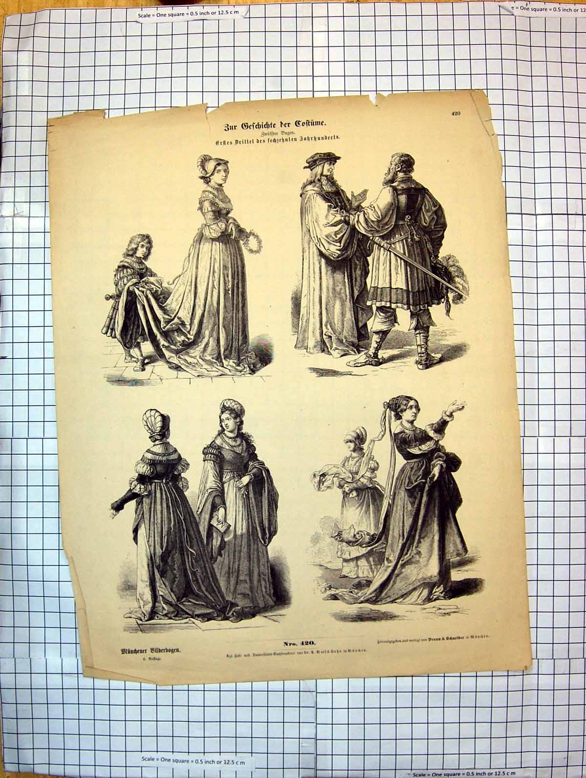 Original Old Antique Print German Fashion Costumes Dresses Men Ladies