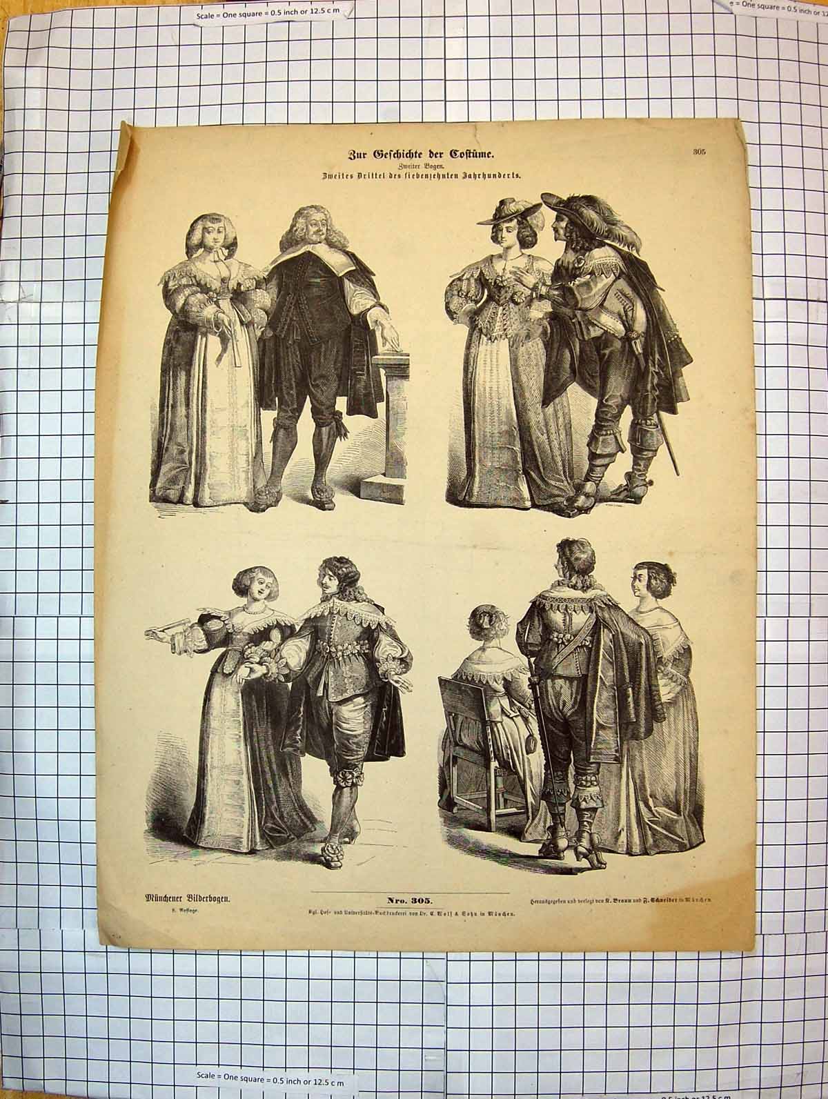 Original Old Antique Print German Costumes Fashion Dresses Ladies Men