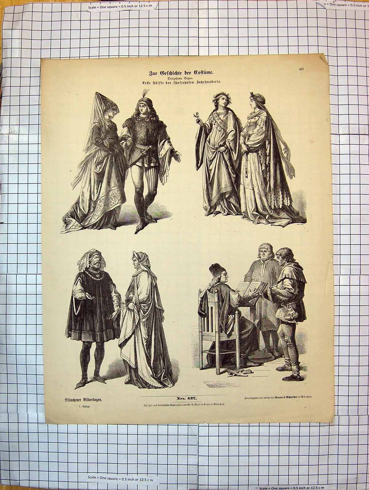 Old Antique Print German Fashion Dresses Costumes Ladies Men Bilderbogen