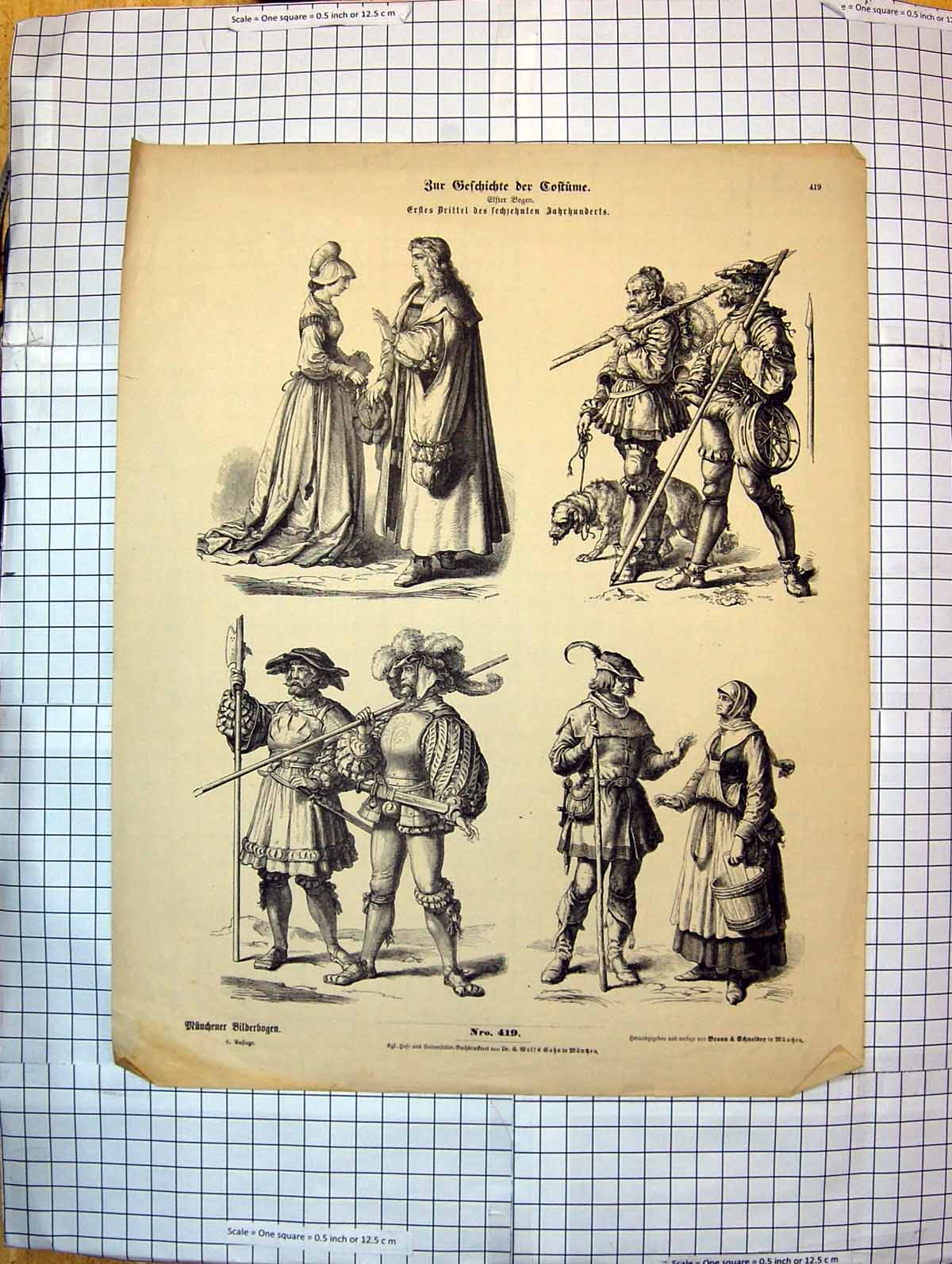 Antique Old Print German Fashion Costumes Dresses Ladies Men Bogen Weapons