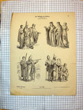 Original Old Antique Print German Fashion Cotumes Church Robes War Weapons