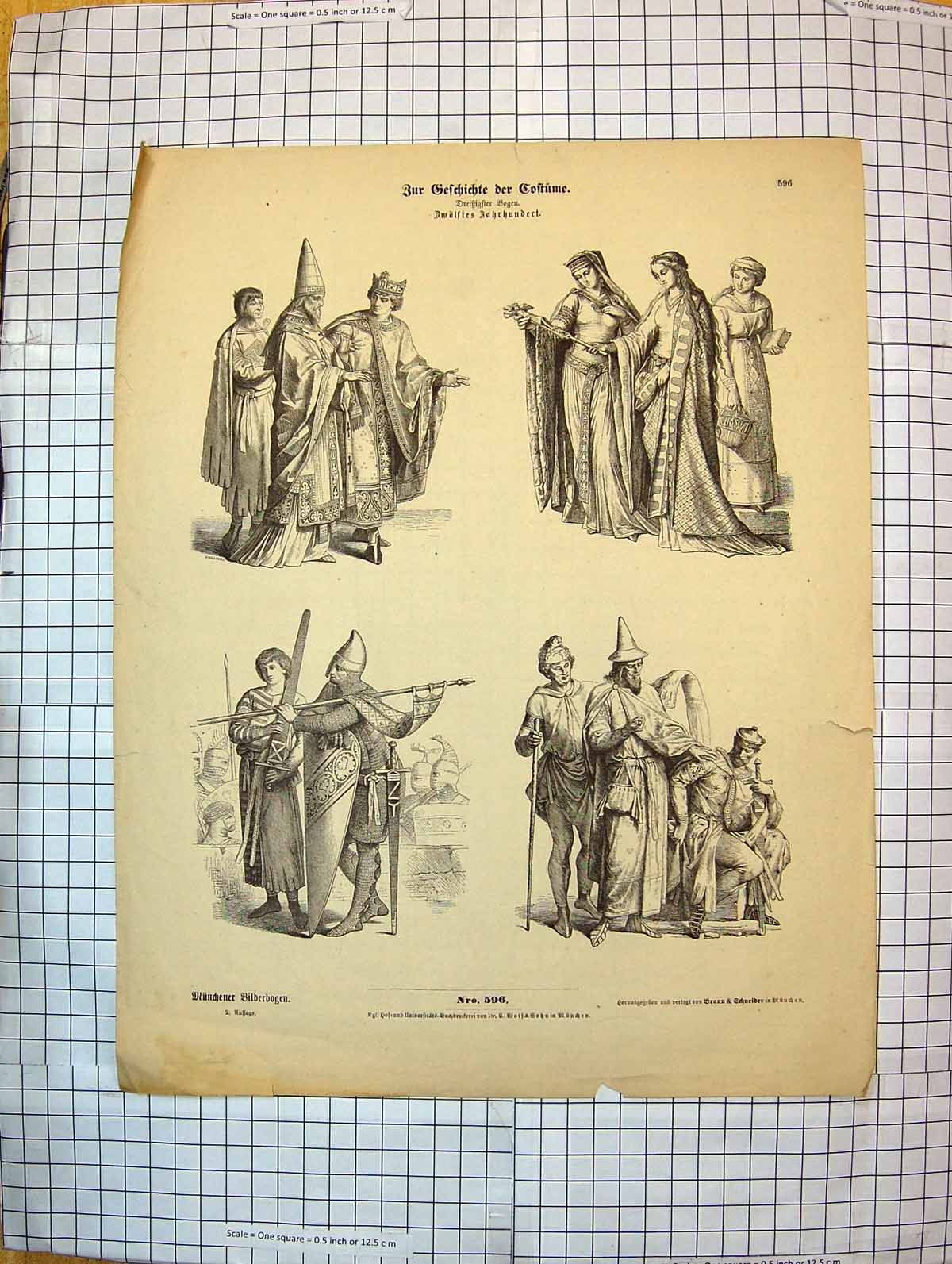 Original Old Antique Print German Fashion Cotumes Church Robes War Weapons