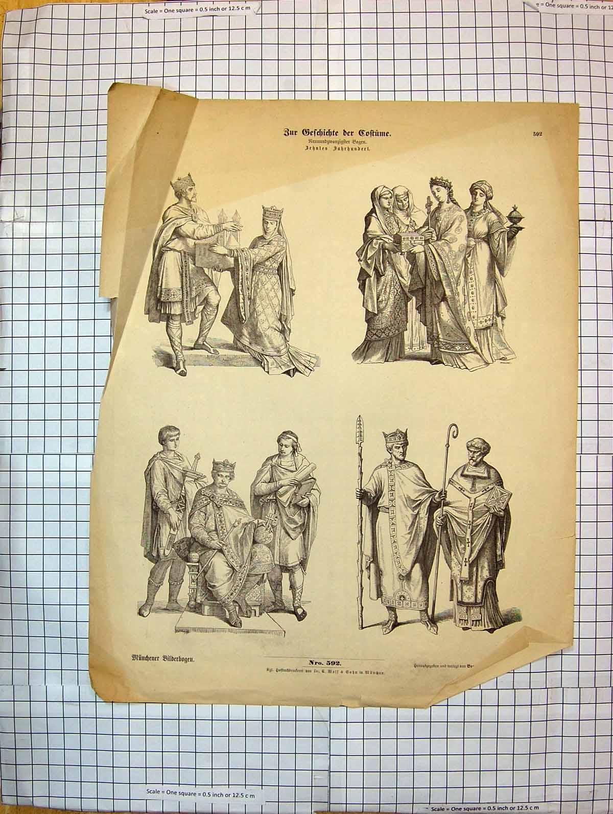 Original Old Antique Print German Fashion Costumes Royal Family Ladies Men