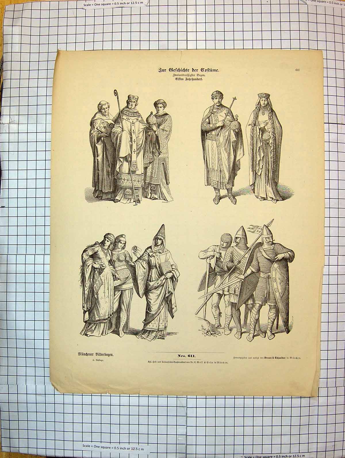 Original Old Antique Print War Uniforms Ladies Dresses German Fashion Costumes