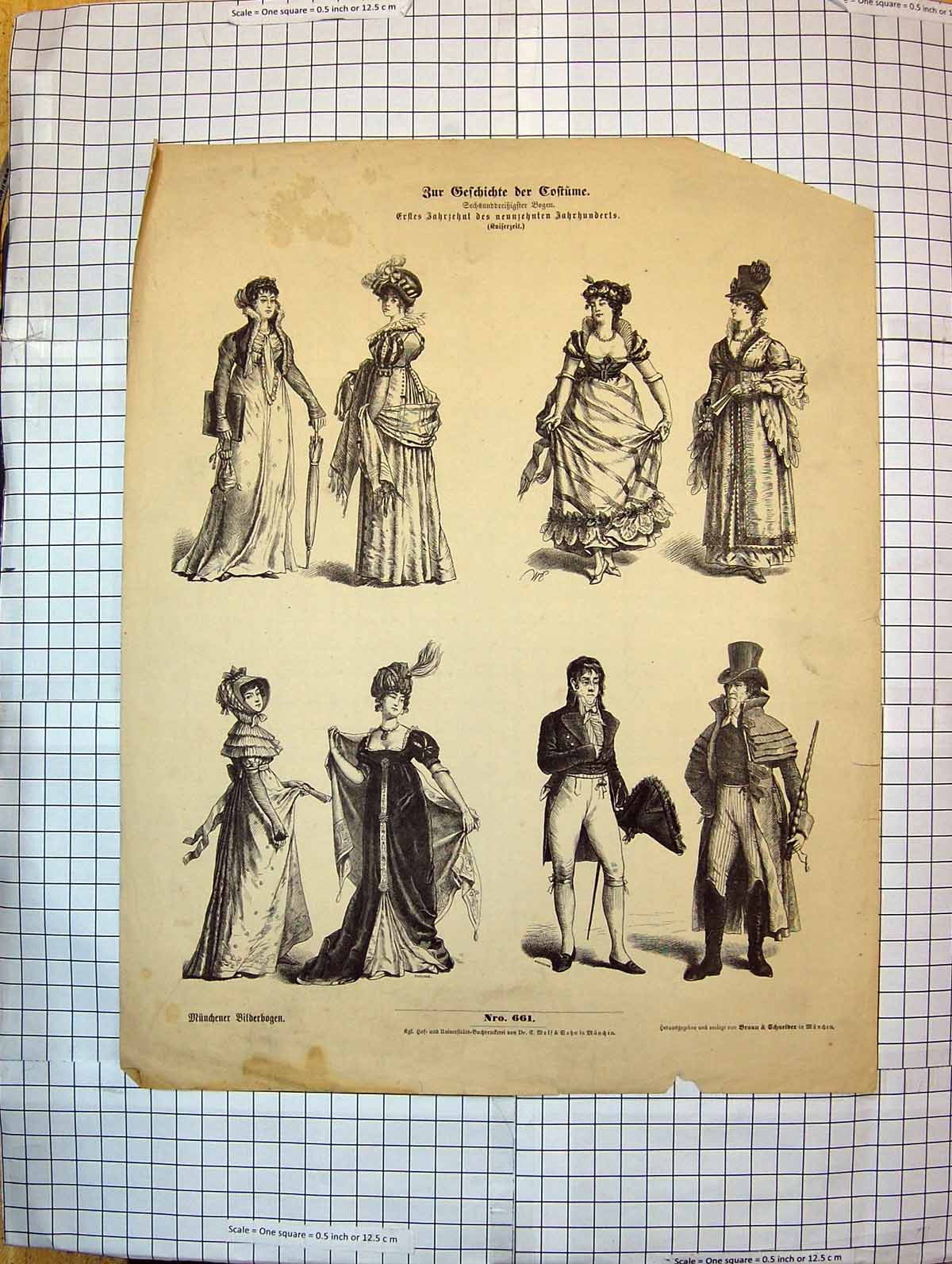 Antique Print German Fashion Costumes Dresses Beautiful Ladies Men Romance
