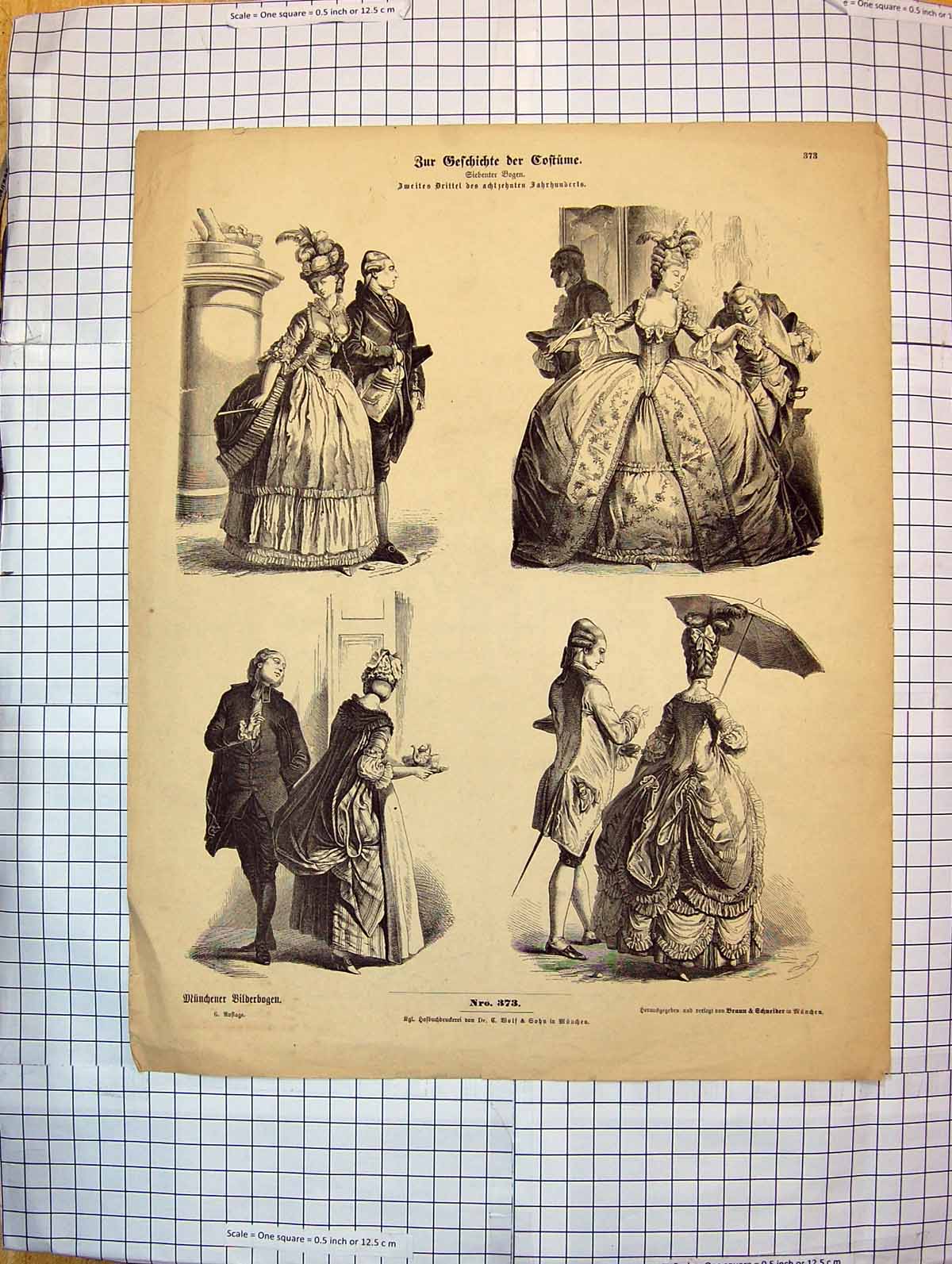 Antique Old Print German Fashion Costumes Ladies Men Romance Umbrella Dresses