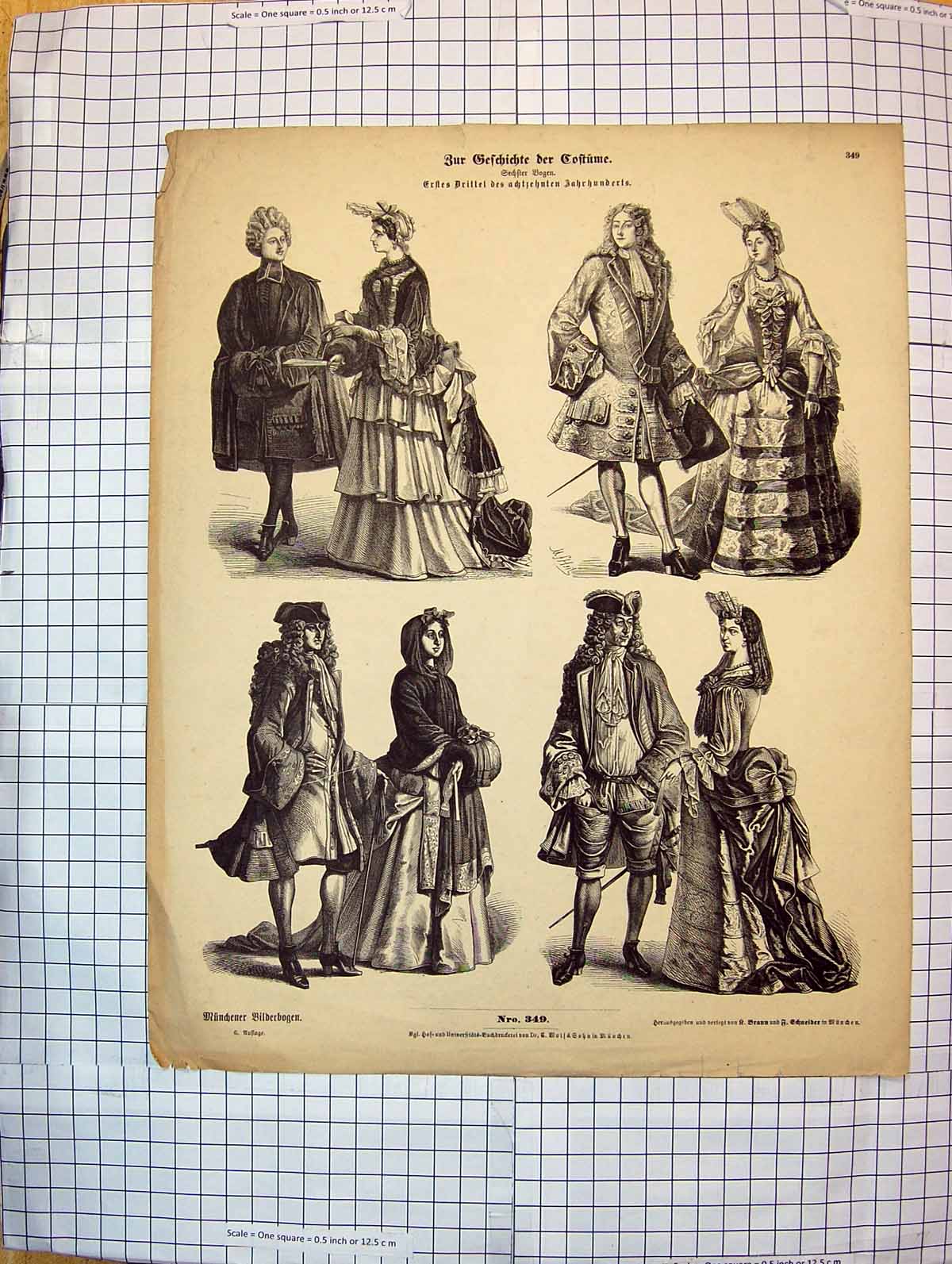 Original Old Antique Print German Fashion Costumes Men Ladies Outdoor Dresses