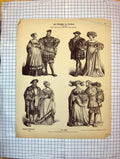 Old Antique Print German Fashion Costumes Men Ladies Romance Hats Cloaks