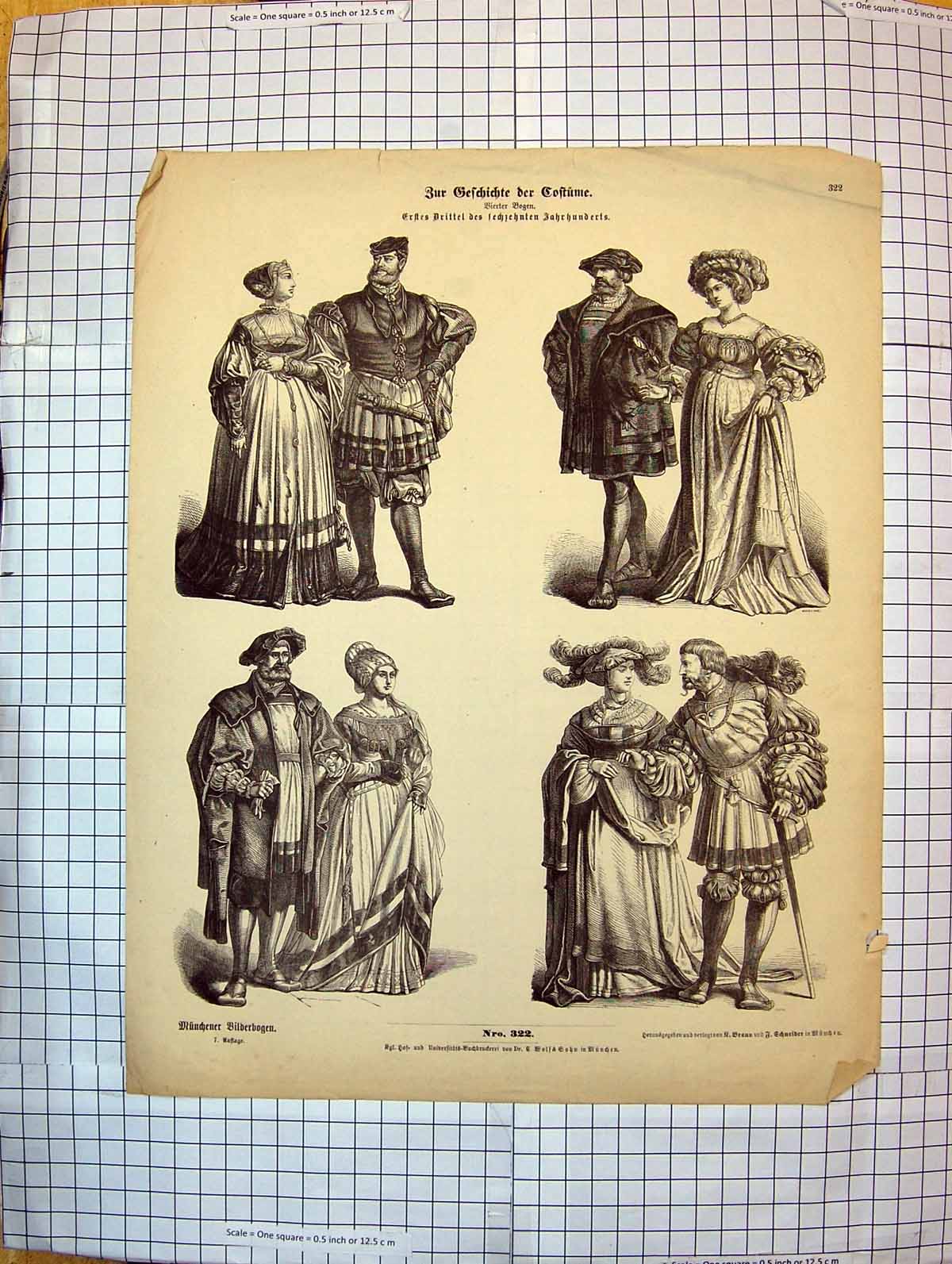Old Antique Print German Fashion Costumes Men Ladies Romance Hats Cloaks