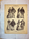 Antique Print German Fashion Costumes Ladies Men Romance Fishing Coats Hats
