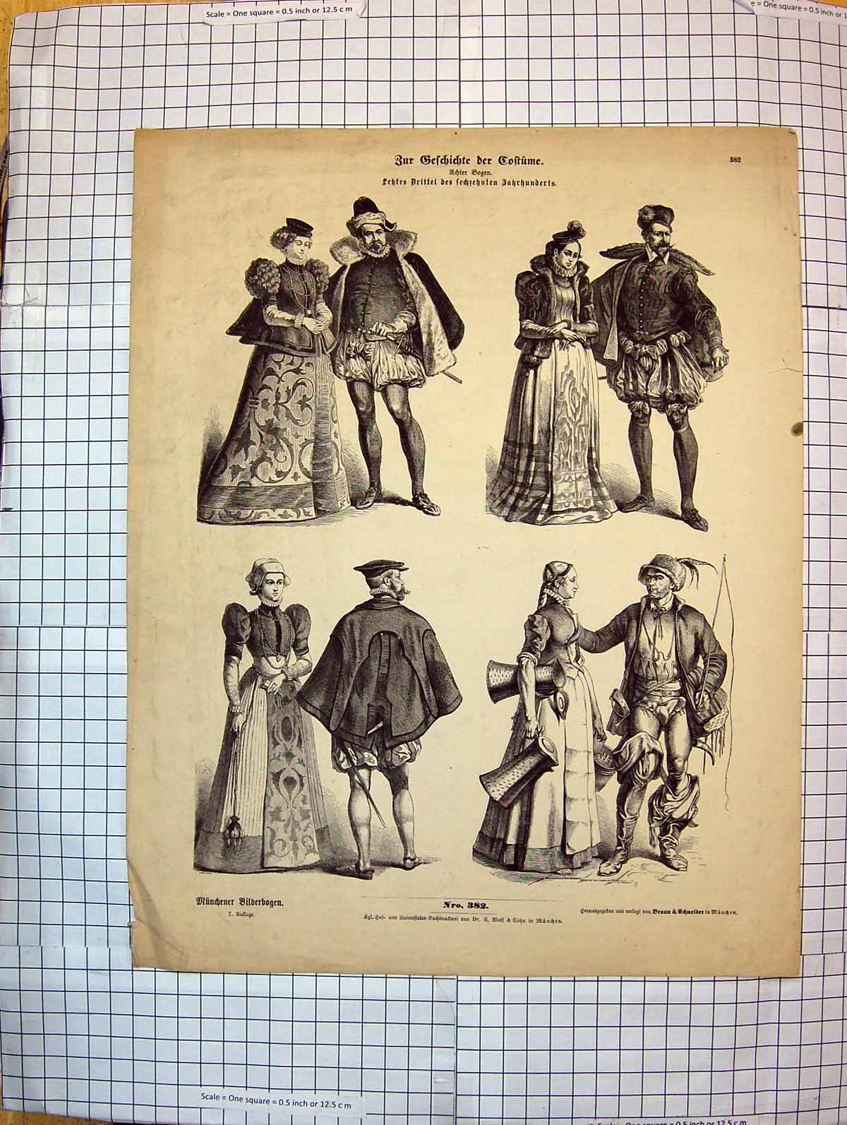 Antique Print German Fashion Costumes Ladies Men Romance Fishing Coats Hats