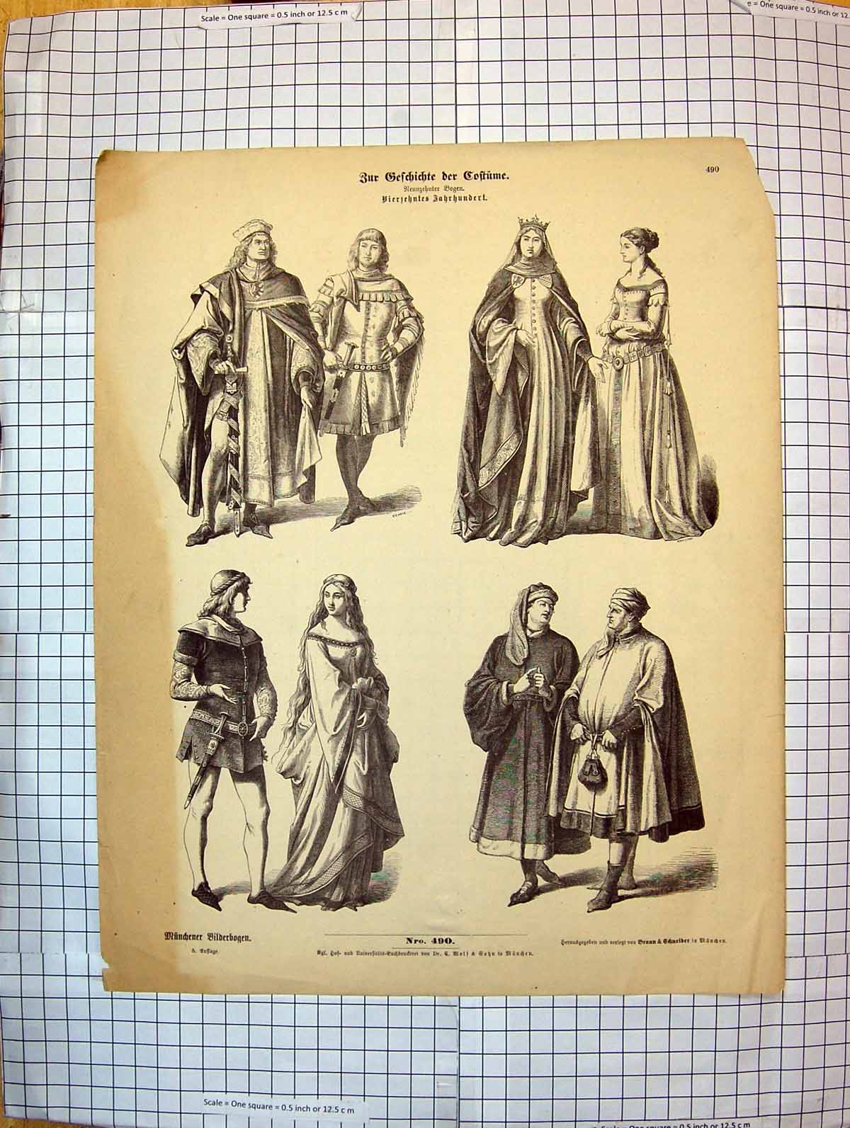 Old Antique Print German Fashion Costumes Ladies Royal Dresses Men Cloaks