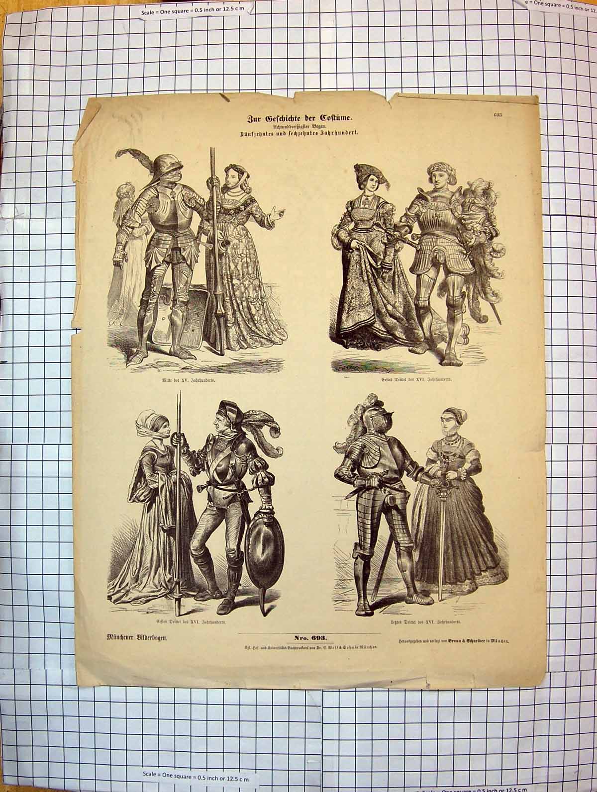 Old Antique Print German Fashion Costumes War Uniforms Armour Men Swords