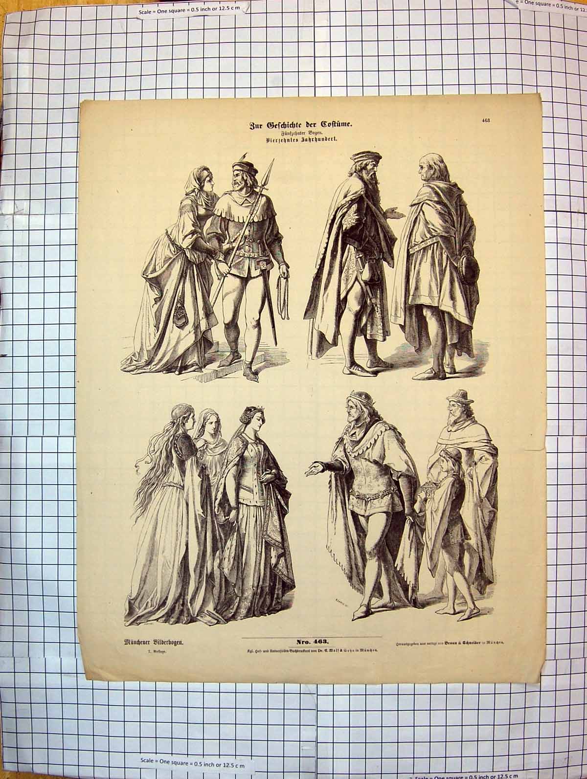 Antique Old Print German Fashion Costumes War Uniforms Sword Royal Dresses