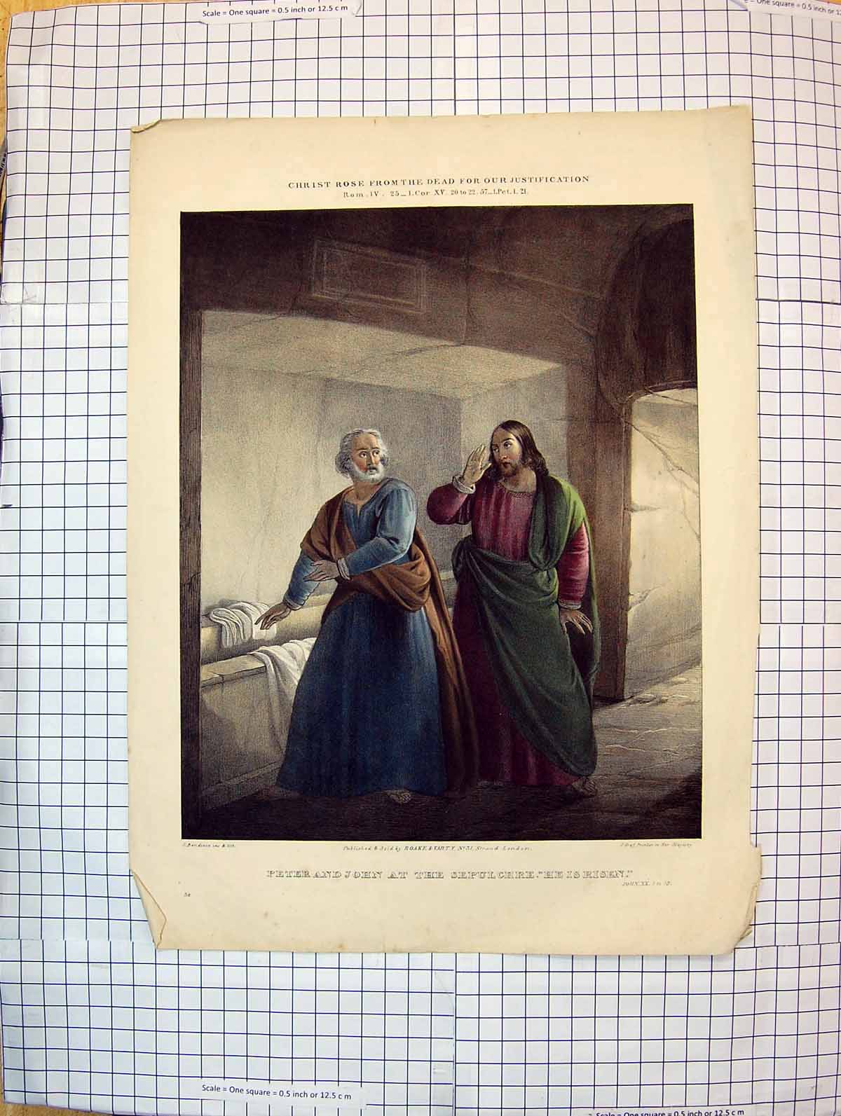 Original Old Antique Print Colour Religion Peter John Sepulchre He Is Risen