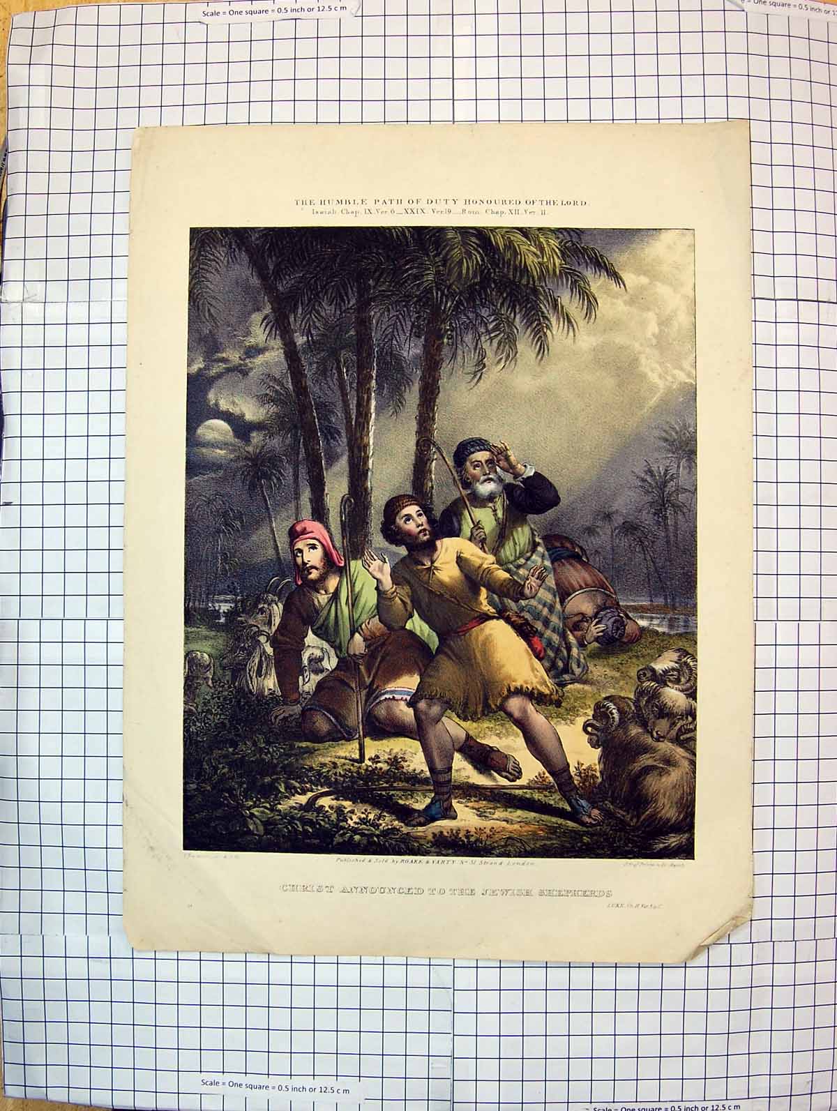 Original Old Antique Print Colour Religion Christ Announced Jewish Shepherds