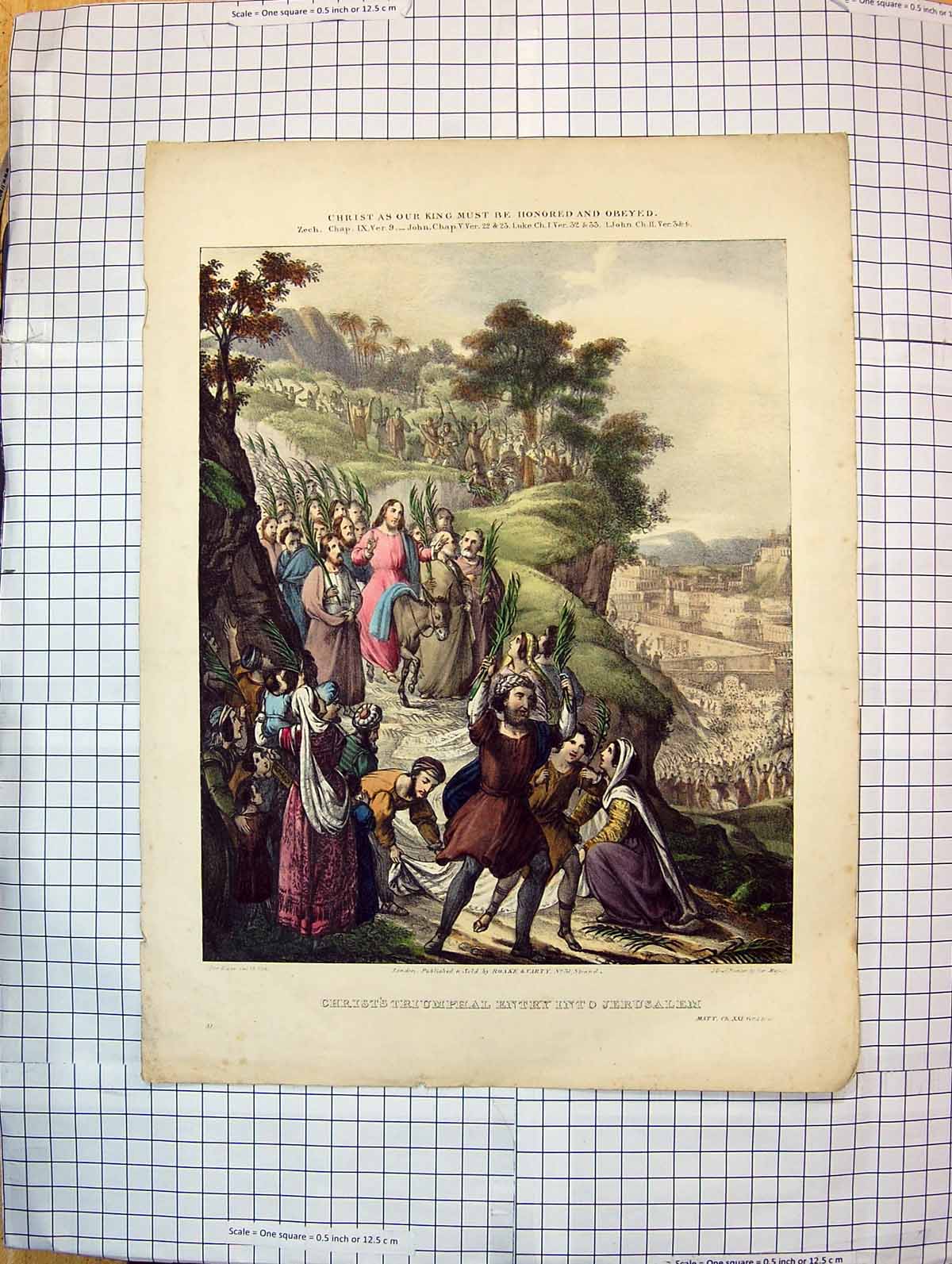 Old Antique Print Religion Jesus Christ Triumphal Entry Jerusalem Colour