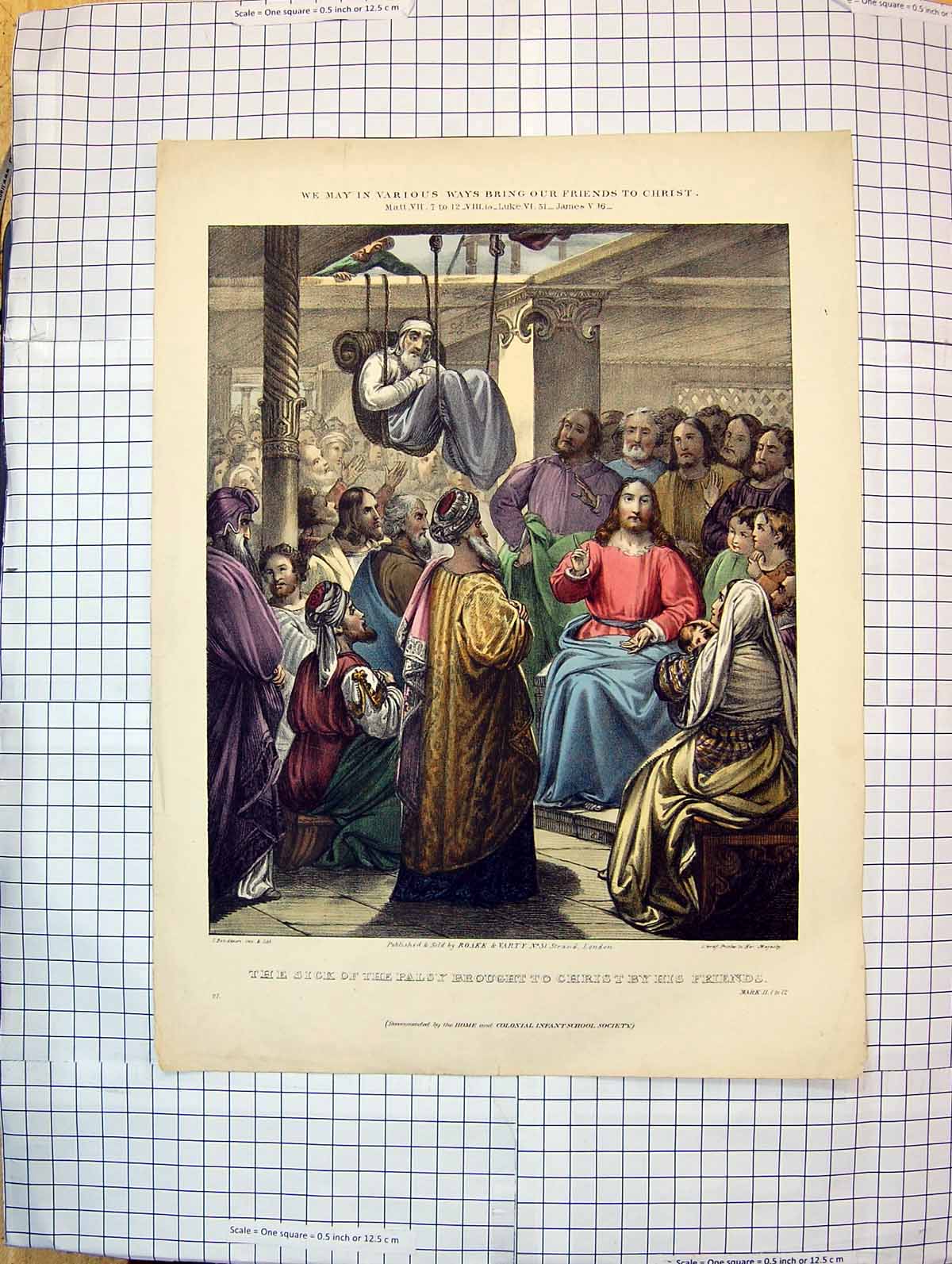 Old Antique Print Colour Religion Sick Palsy Brought Jesus Christ Friends