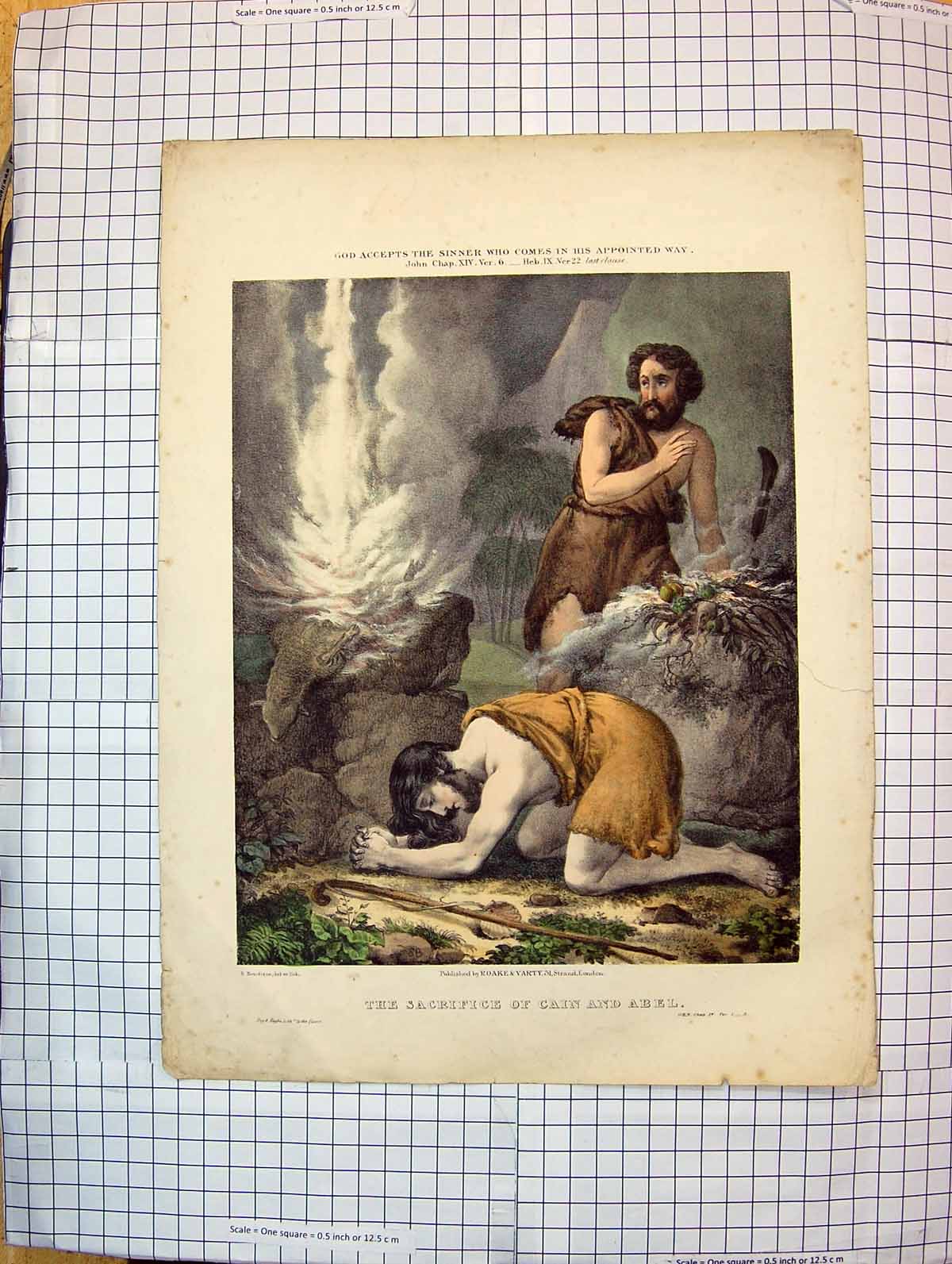 Original Old Antique Print Colour Religion Scene Sacrifice Cain Abel