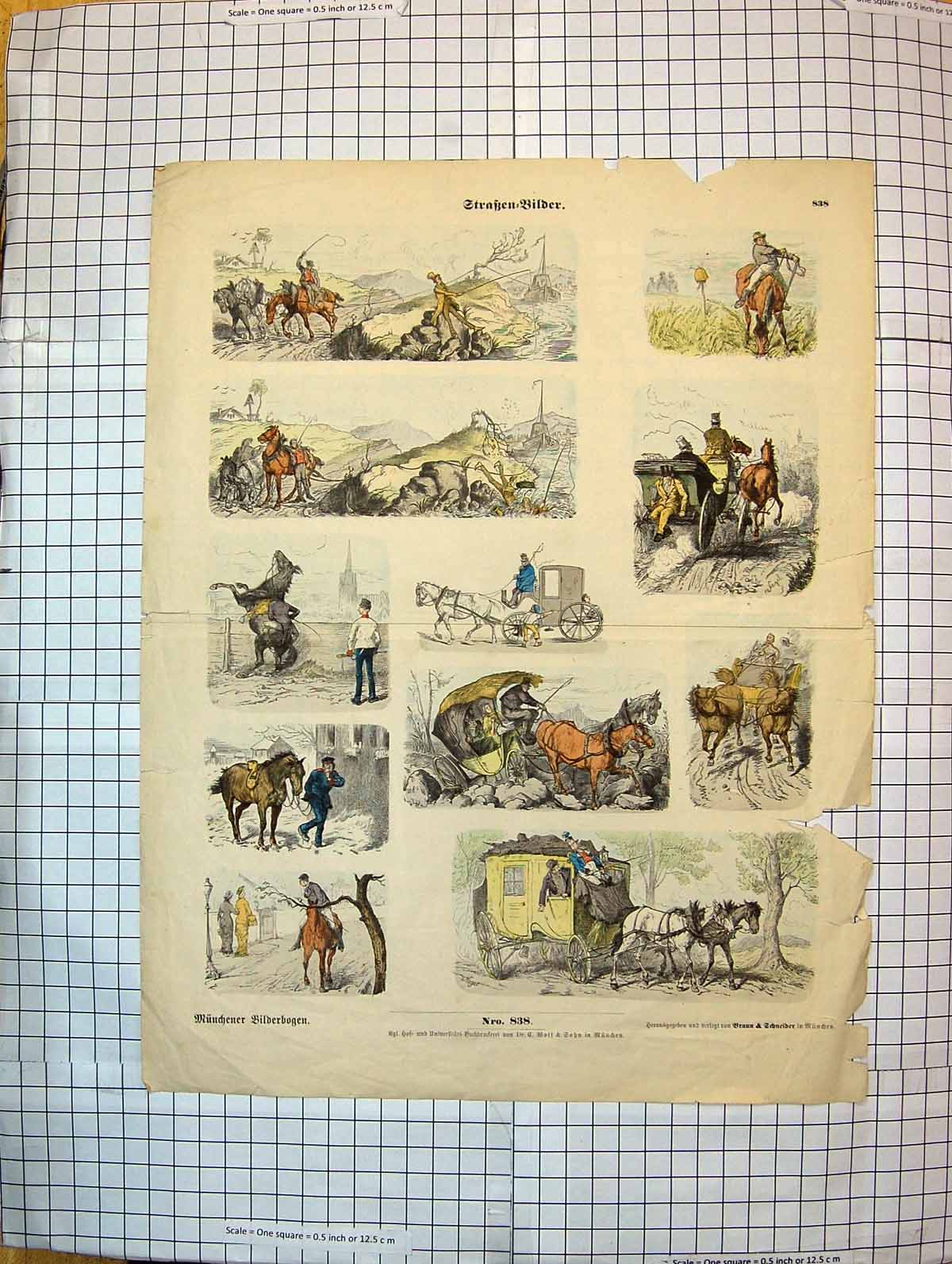 Antique Print Damaged Colour Transport Horses Carriage Coach Fishing Sport