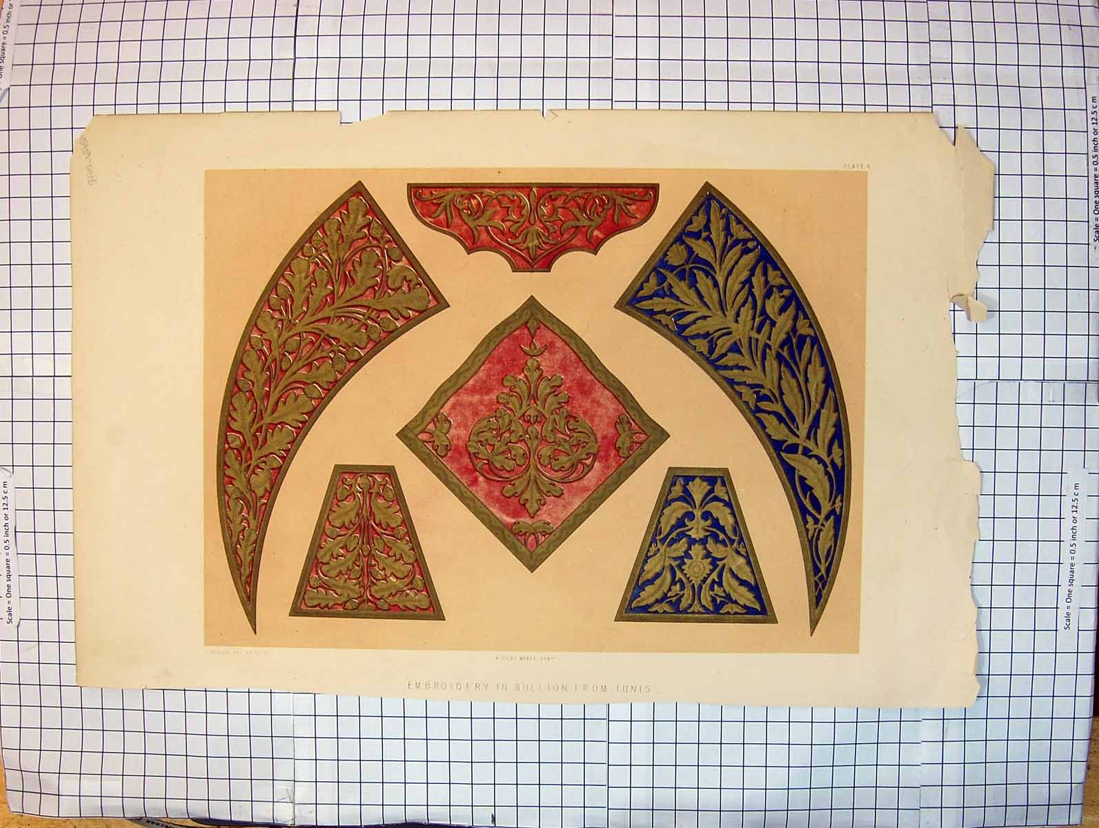 Original Old Antique Print Colour Embroidery Bullion Tunis Patterns Decoration