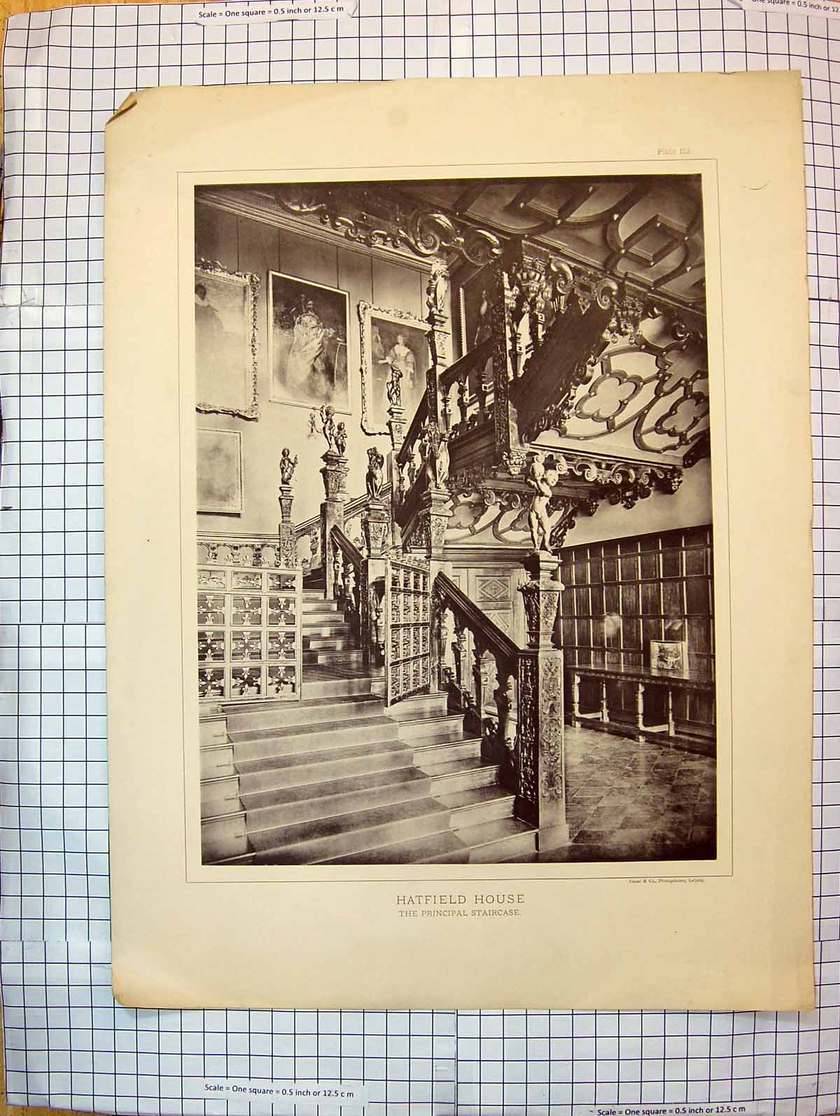 Antique Old Print Interior Hatfield House Principal Staircase Architecture