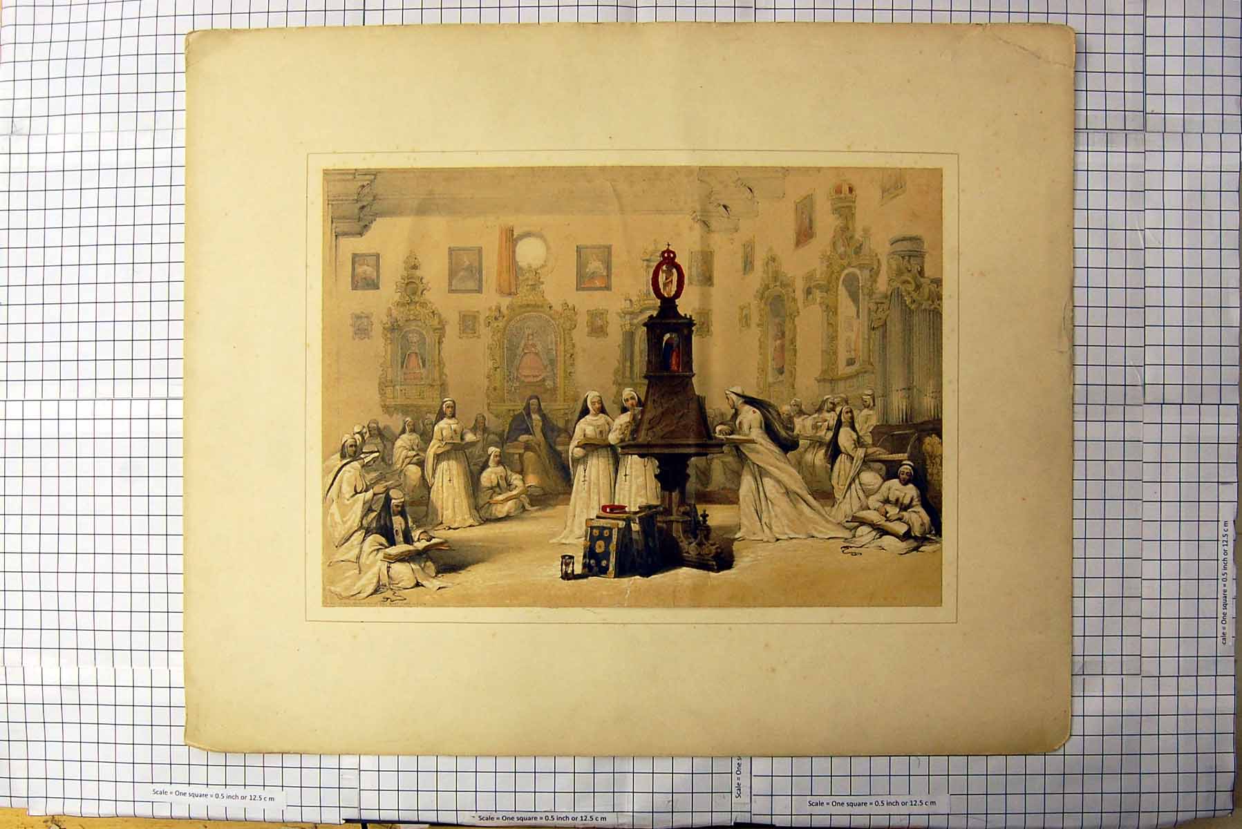 Old Antique Print Large Colour Ladies Nuns Belgium Reading Books Bibles