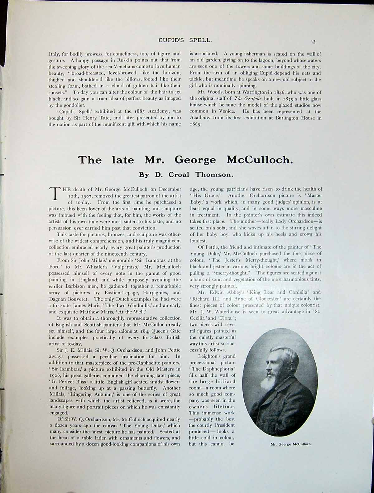 Original Old Antique Print Portrait Mr George Mcculloch Art Journal 1908 20th